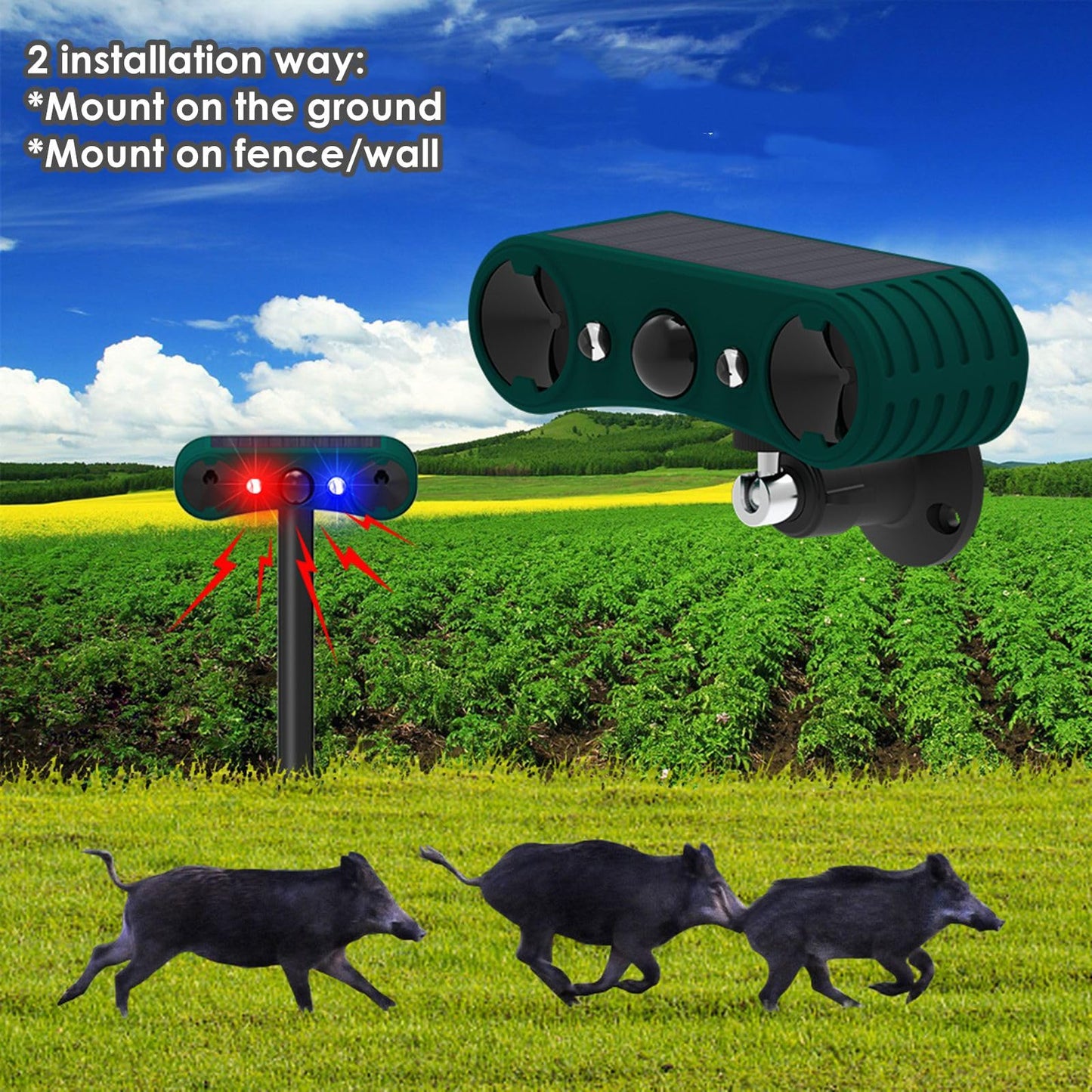 HULPPRE - Alarma solar con sensor de movimiento para interiores y exteriores, ultrasónica, 2 x 130 db, fabricante de ruido de sirena fuerte, 4 modos, montaje en tierra o cerca, luz estroboscópica