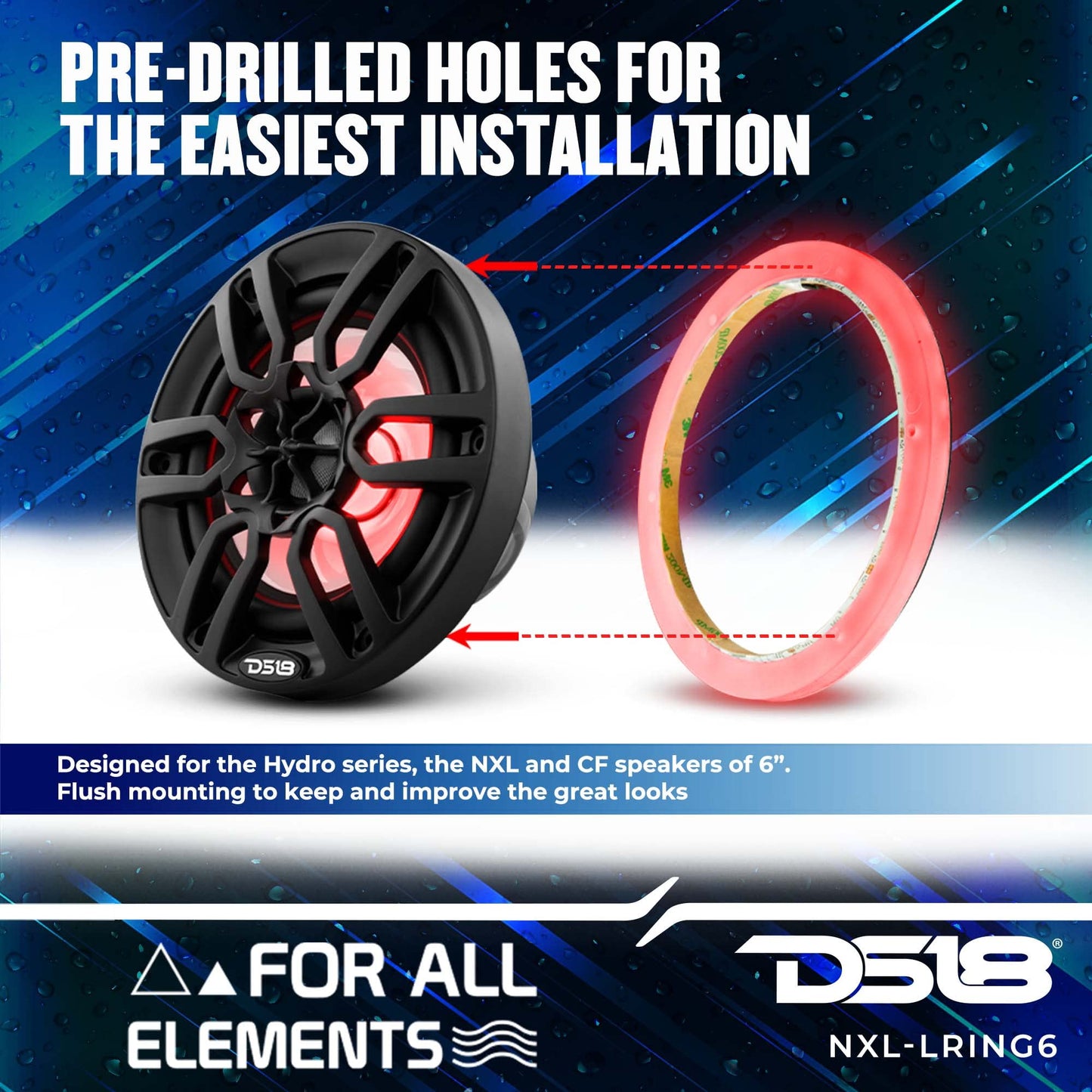 DS18 NXL-LRING6 - Anillo de montaje LED RGB para altavoces de 6.5 pulgadas, impermeable, funciona con módulo RGB (LED-BTC) o cable a un color sin módulo, ideal para audio de coche, audio marino, audio