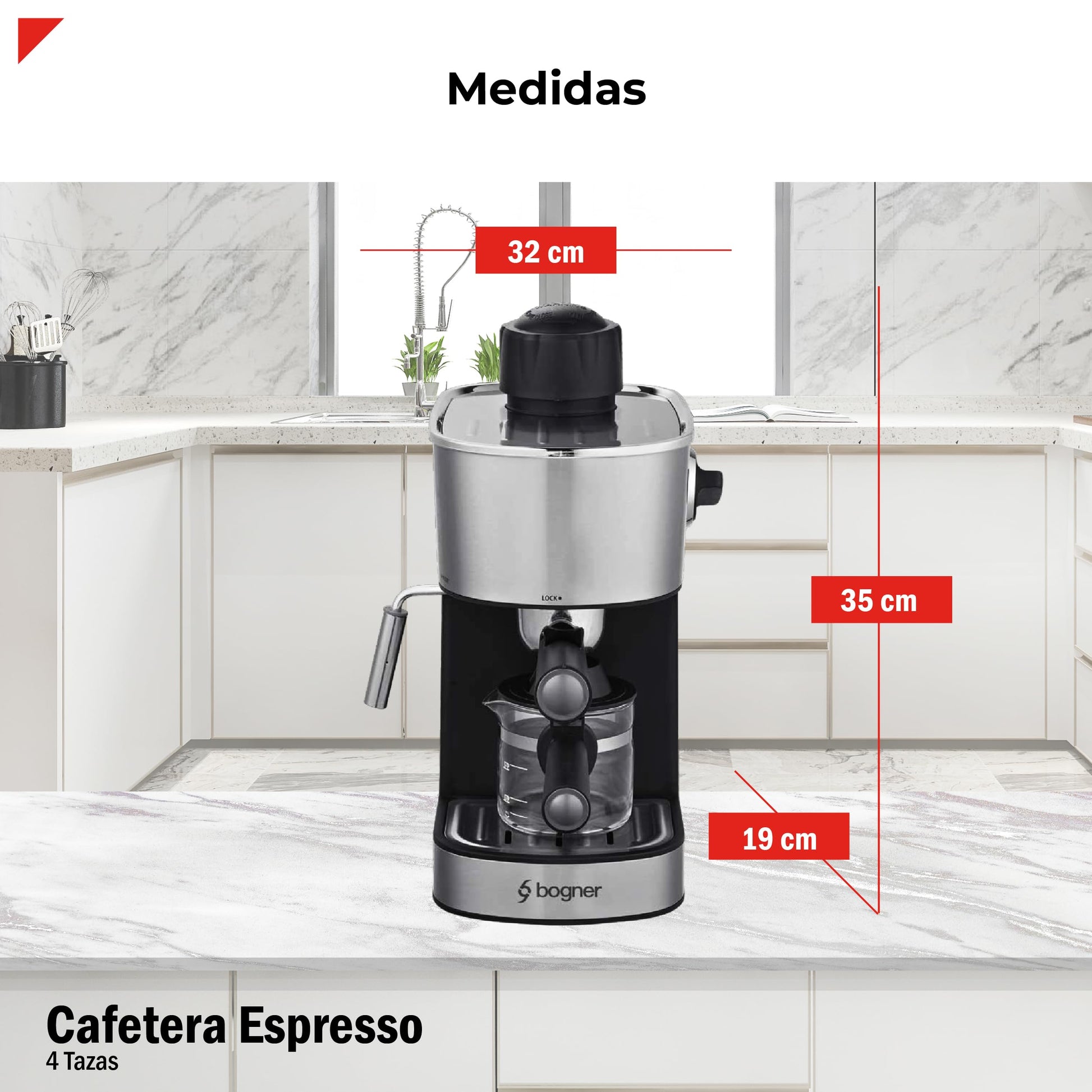 BOGNER- Cafetera espresso capuccino de 4 tazas para café molido BCM35 fabricada en acero inoxidable. Capacidad de tanque 470ml. Diseño moderno con frente ovalada