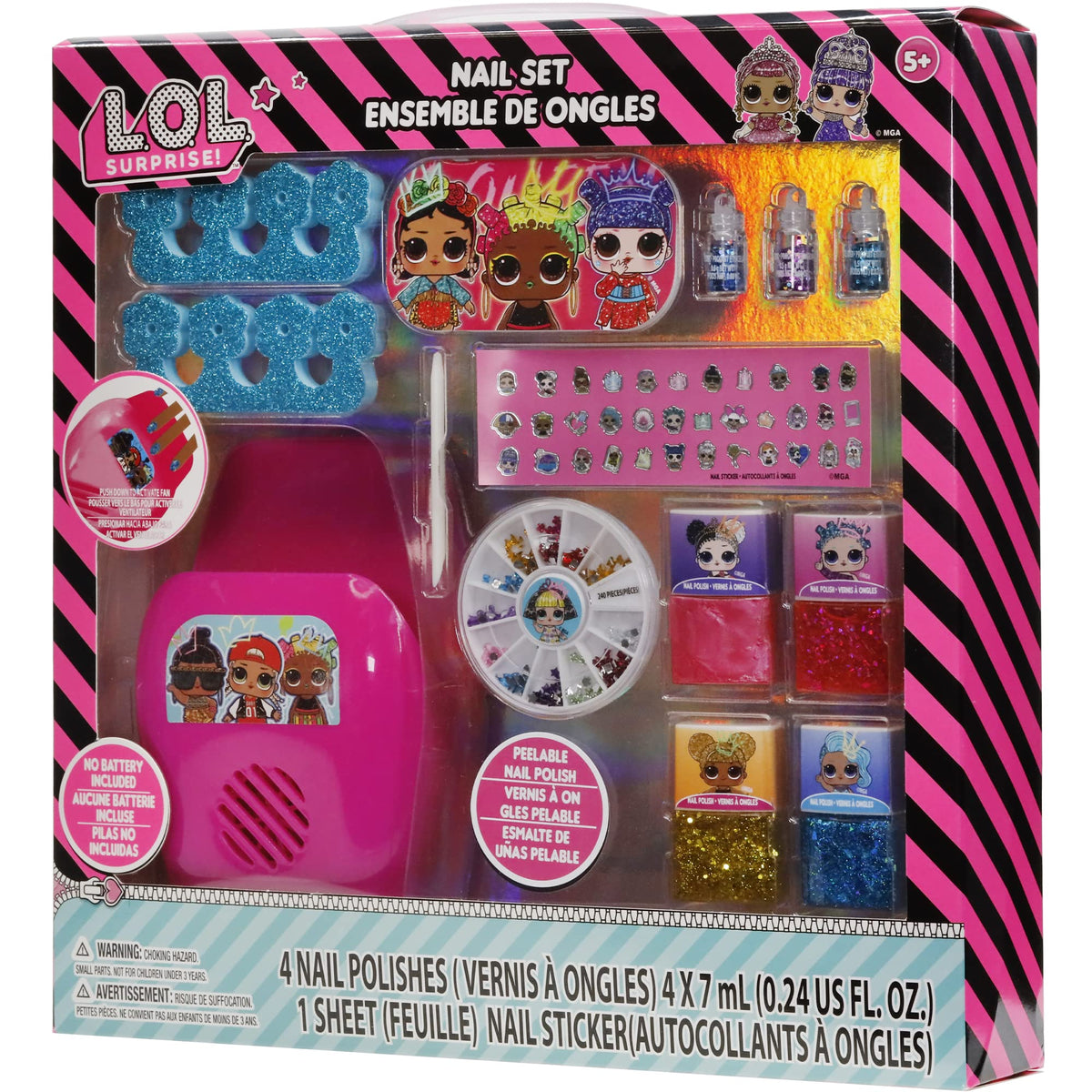 L.O.L. Surprise! Townley Girl, Non-Toxic Peel-Off Water-Based Safe Quick Dry Nail Polish Gift Kit Set for Kids Set With Nail Gem Wheel, Nail Stickers, Toe Spacers, Nail File, Glitter Vials, and Nail Dryer, Batteries Not Included, Ages 5+