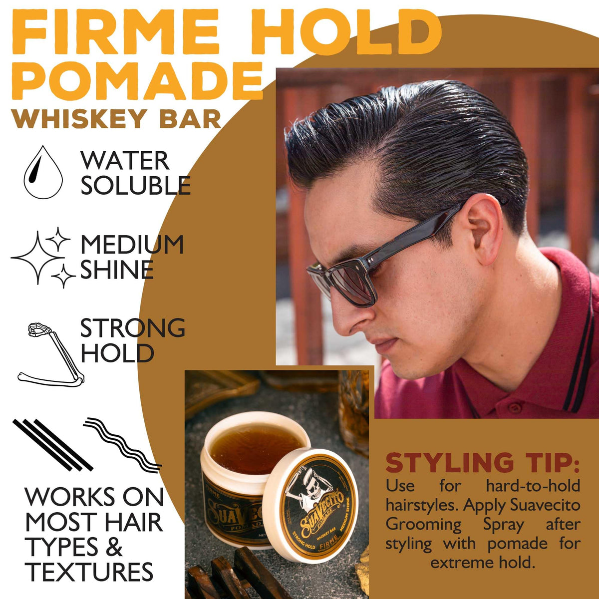 Suavecito Pomade Firme Cera Para Cabello de Fijacion Media Brillo Medio Todo Tipo de Cabello Aroma Whiskey Bar 113g