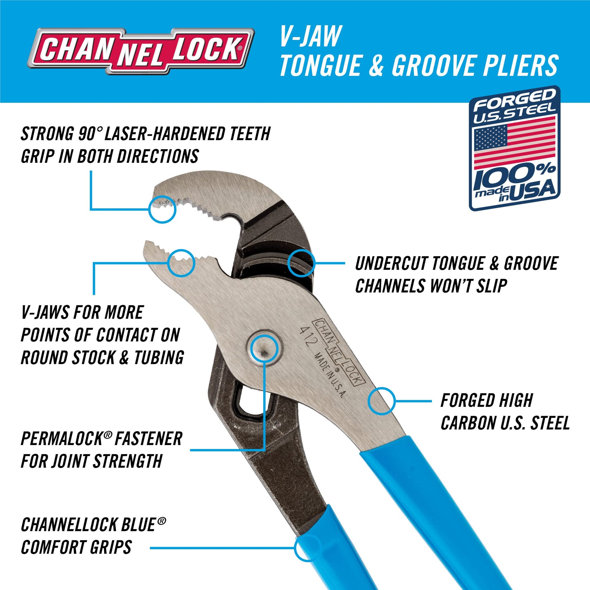 CHANNELLOCK 412 Alicates de lengüeta y ranura de 6.5 pulgadas, fabricados en Estados Unidos, capacidad de mandíbula de 0.95 pulgadas, acero forjado de alto carbono, más puntos de contacto en stock redondo, pulido