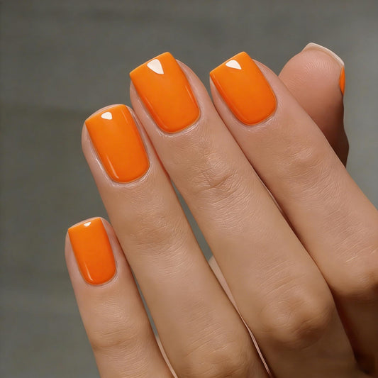 SXVME Uñas postizas cortas cuadradas de gel suave, 30 piezas, 15 tamaños, color naranja, uñas postizas cortas, reutilizables, gruesas, con pegamento, uñas postizas naturales.
