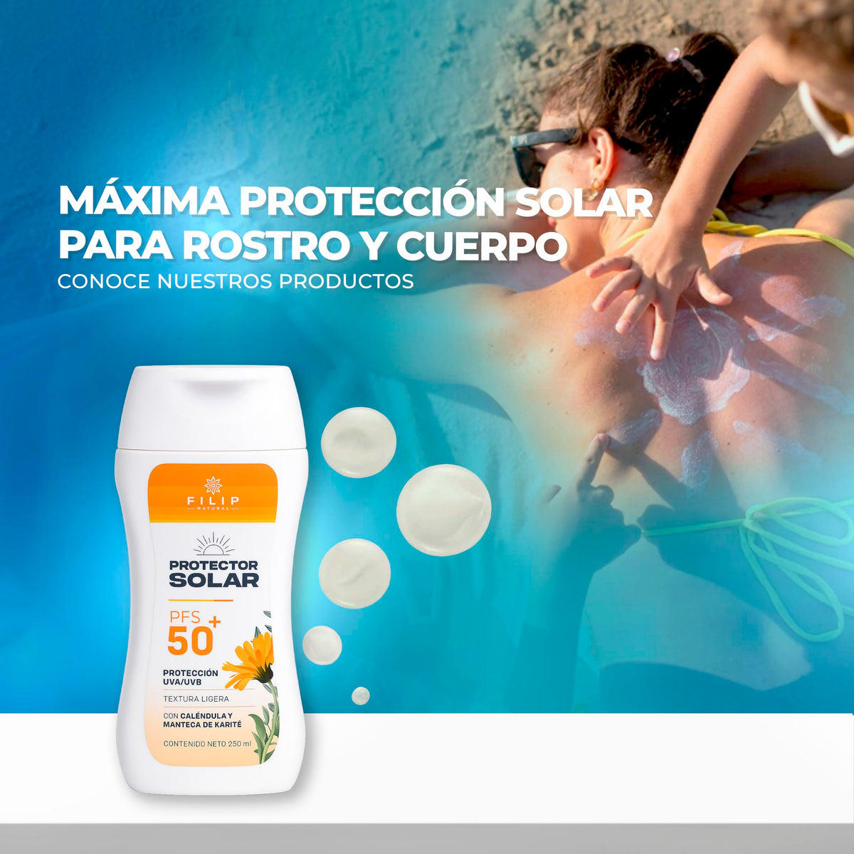 FILIP Natural – Protector Solar FPS50+ | Con Caléndula y Manteca de Karité, Protección UVA/UVB, Para Piel Sensible | 250 ml