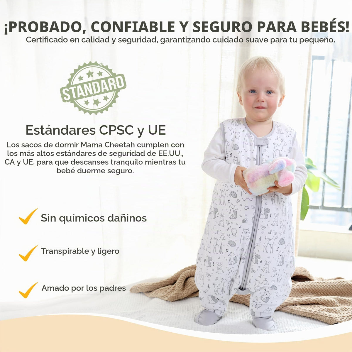 Saco de Dormir para Niños Pequeños Mama Cheetah con Pies 3T-4T, Manta Portátil de Algodón Orgánico de 1.0 TOG para Bebés con Patas, Bolsa de Dormir para Caminantes, Gran Saco de Dormir para Primeros