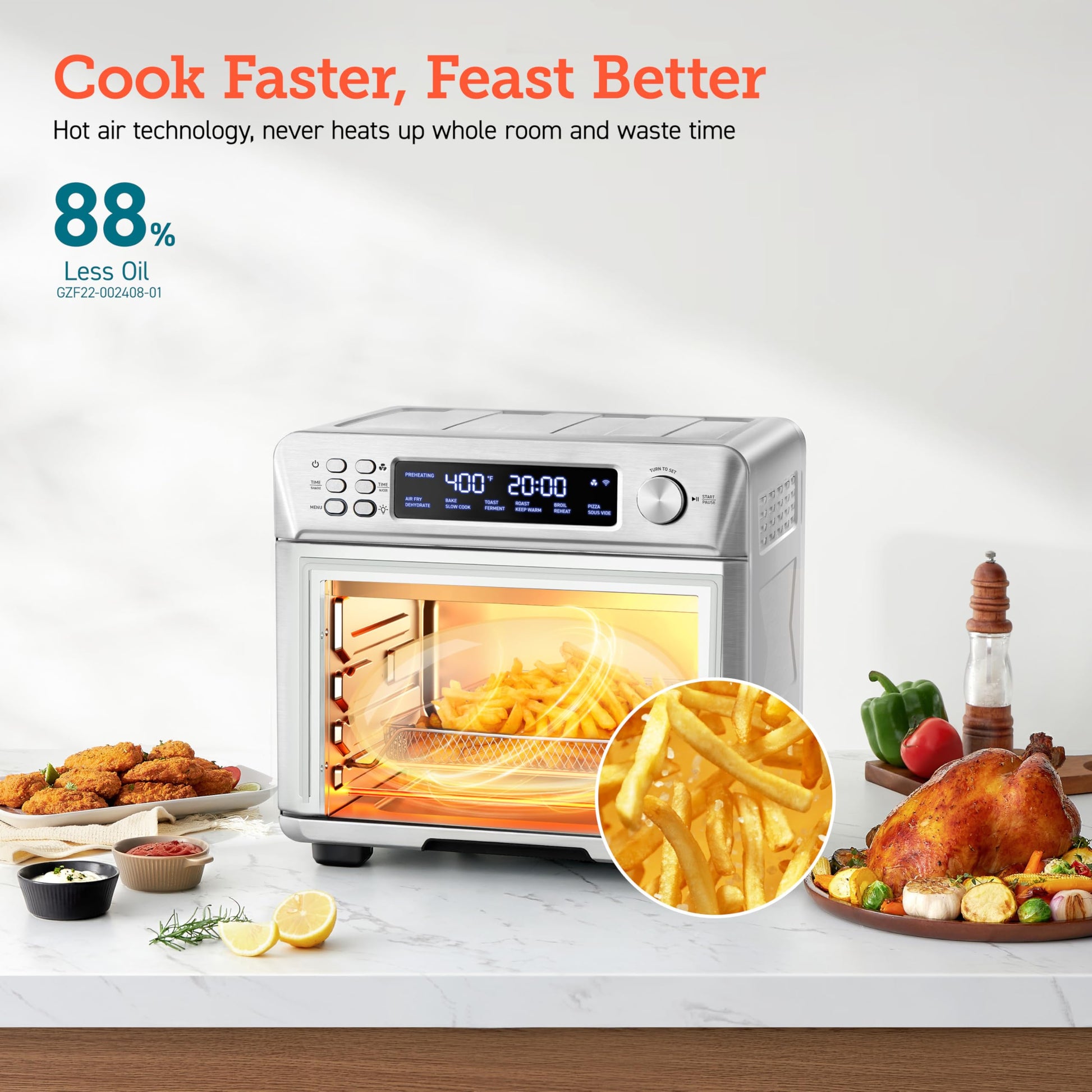 COSORI Smart 12 en 1 Freidora de aire Horno tostador, encimera de horno de convección Airfryer, hornear, asar, recalentar, pollos de engorde, deshidratar, 75 recetas y 3 accesorios, 26 cuartos de