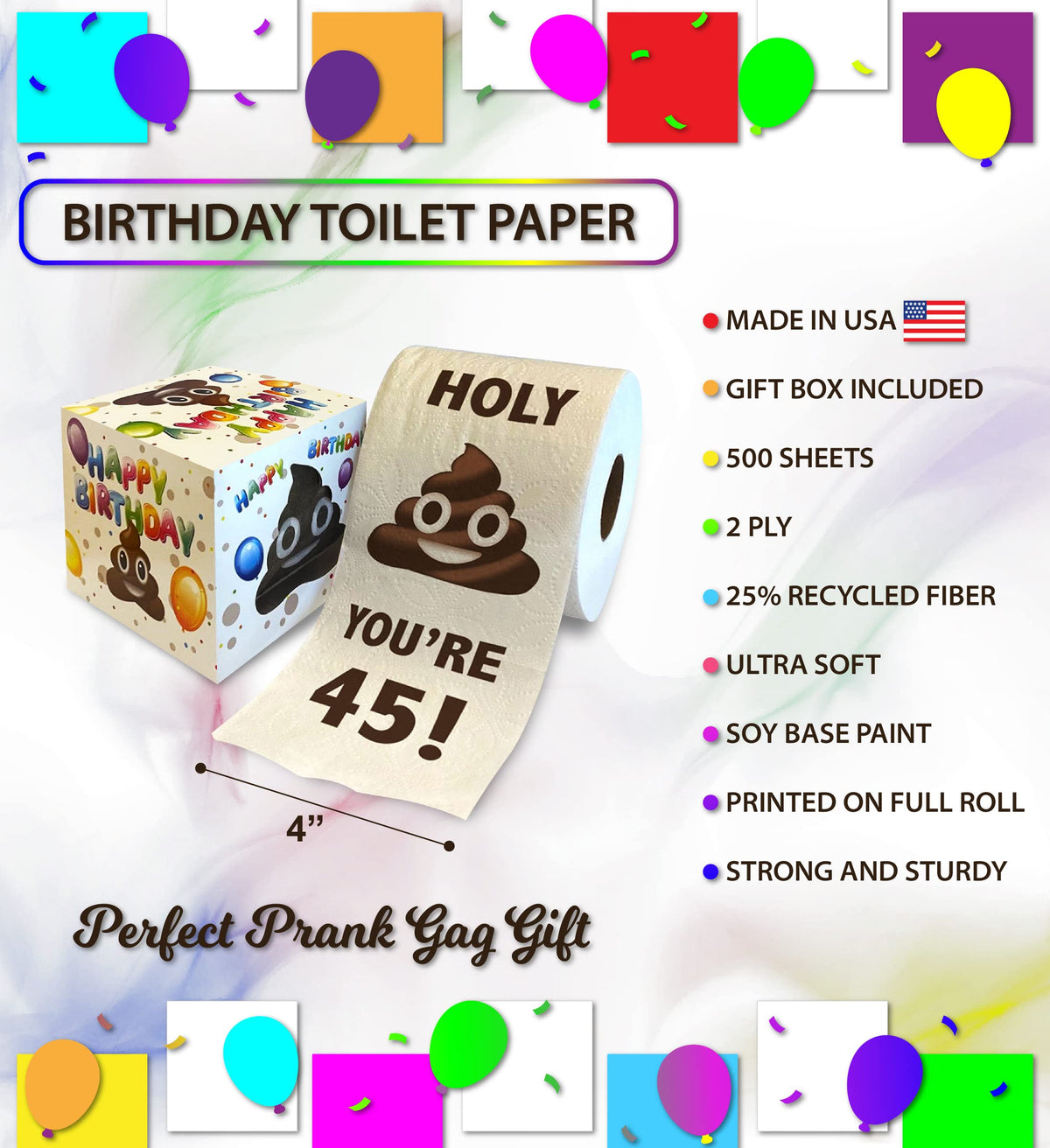 Papel Higiénico Impreso TP Holy Poop 45 Cumpleaños Divertido 500 Hojas para Hombre o Mujer