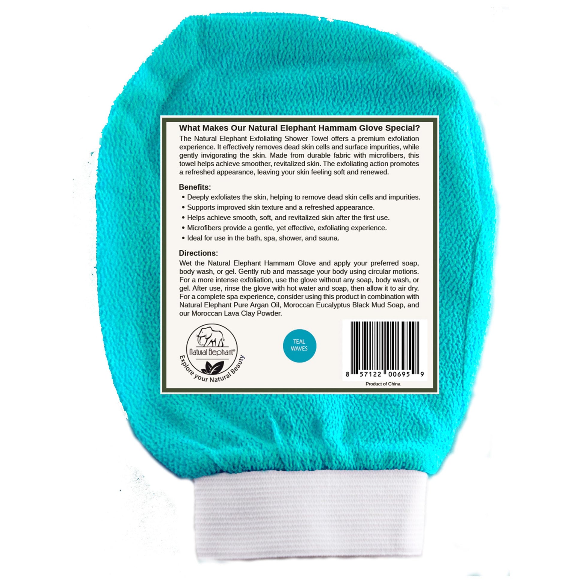 Guante exfoliante de elefante natural para hammam – Manopla exfoliante facial y cuerpo con olas de color verde azulado