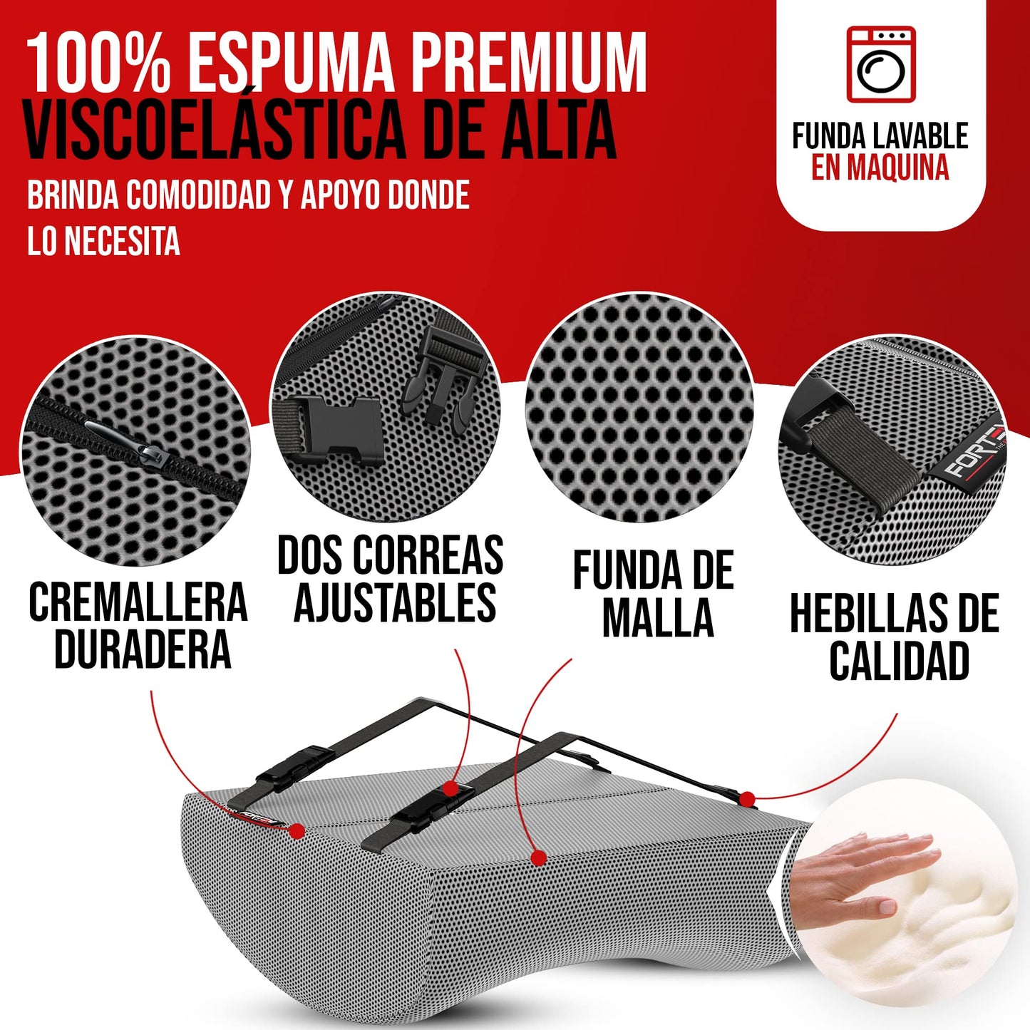 FORTEM Cojín Lumbar de Silla de Oficina, Almohada de Apoyo Lumbar, Cojín Lumbar para Silla de Escritorio, Almohada Viscoelástica para la Espalda, Funda Lavable (Gris Malla)