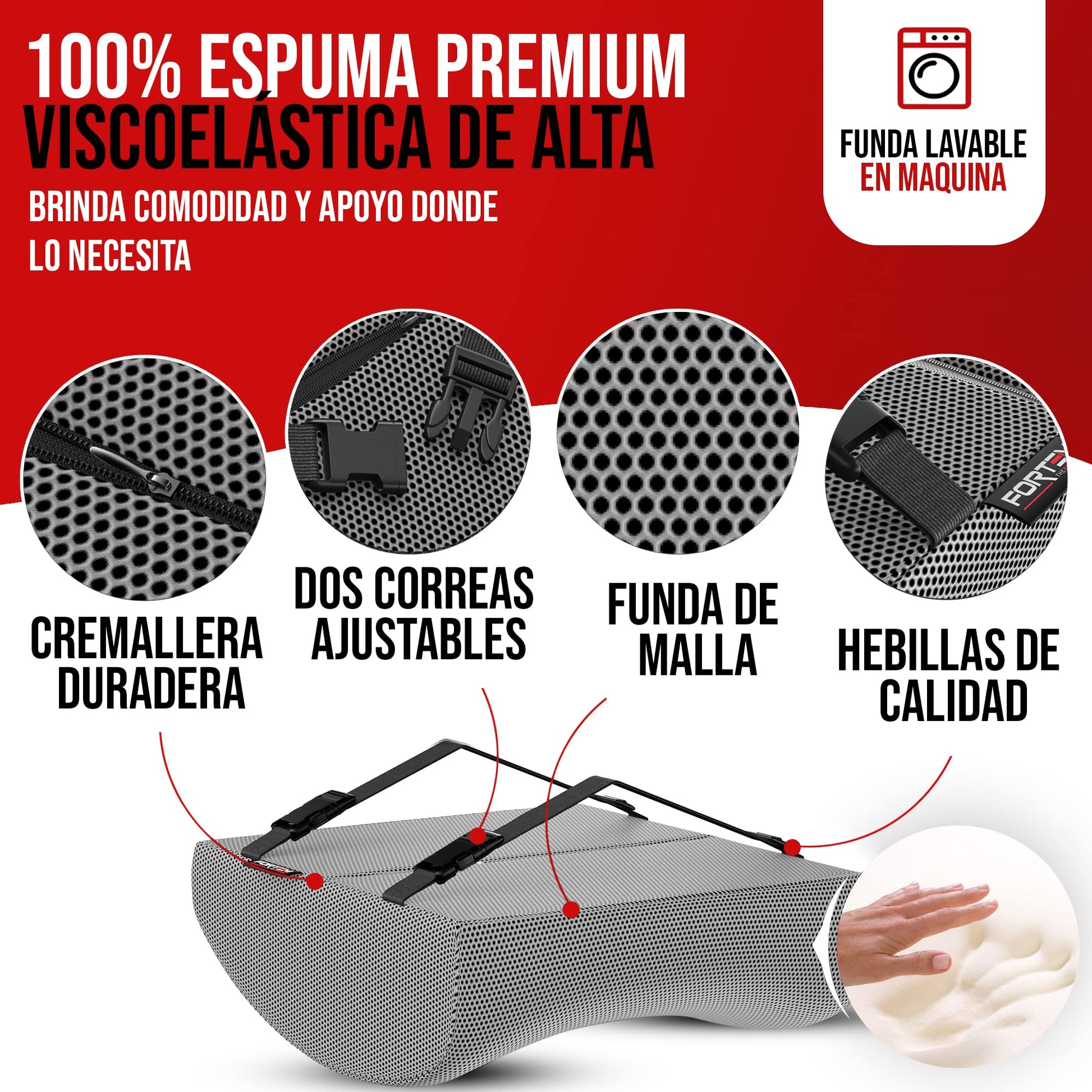 FORTEM Cojín Lumbar de Silla de Oficina, Almohada de Apoyo Lumbar, Cojín Lumbar para Silla de Escritorio, Almohada Viscoelástica para la Espalda, Funda Lavable (Gris Malla)