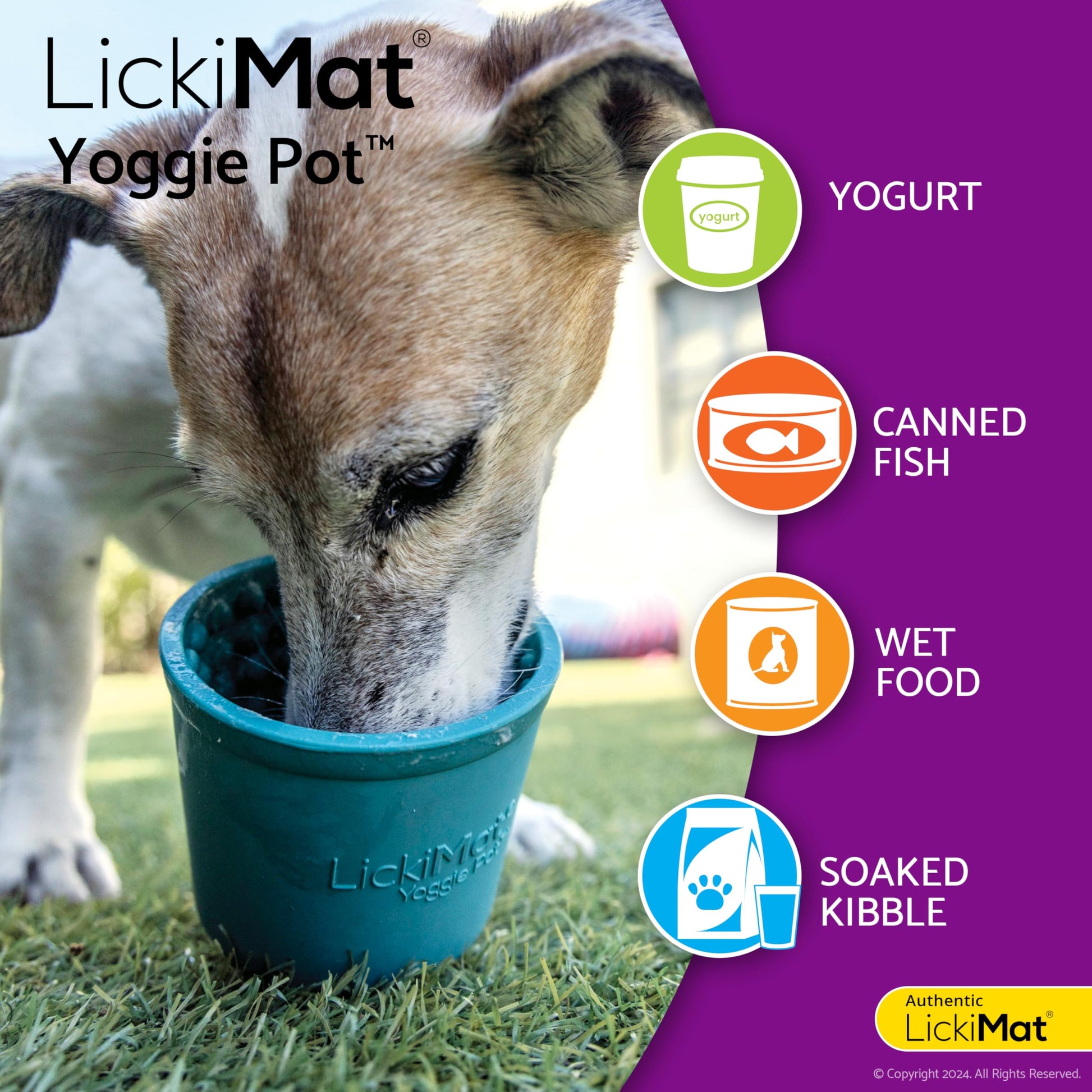 LICKIMAT Yoggie Pot - Distracción, diversión y enriquecimiento Dispensador de goma de larga duración para todos los tamaños de perros y alimentador lento para perros pequeños. The Newest LickiMat