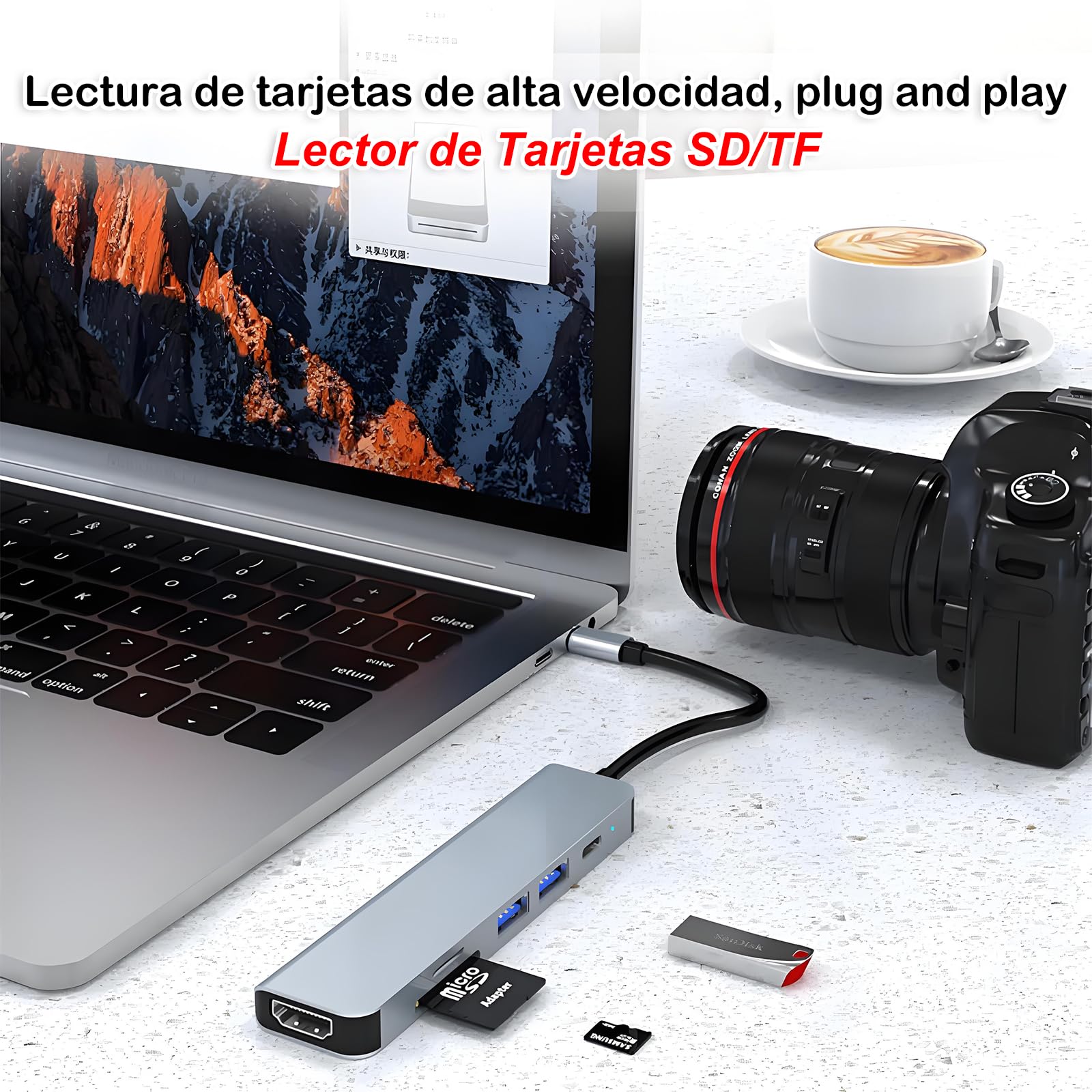 FEISEDY Hub 6 en 1 USB-C con Carga Rápida PD 100W, HDMI 4K, Lector Dual SD/TF y 2 Puertos USB 3.0 - Adaptador Multifunción para MacBook, Windows y Dispositivos Tipo C