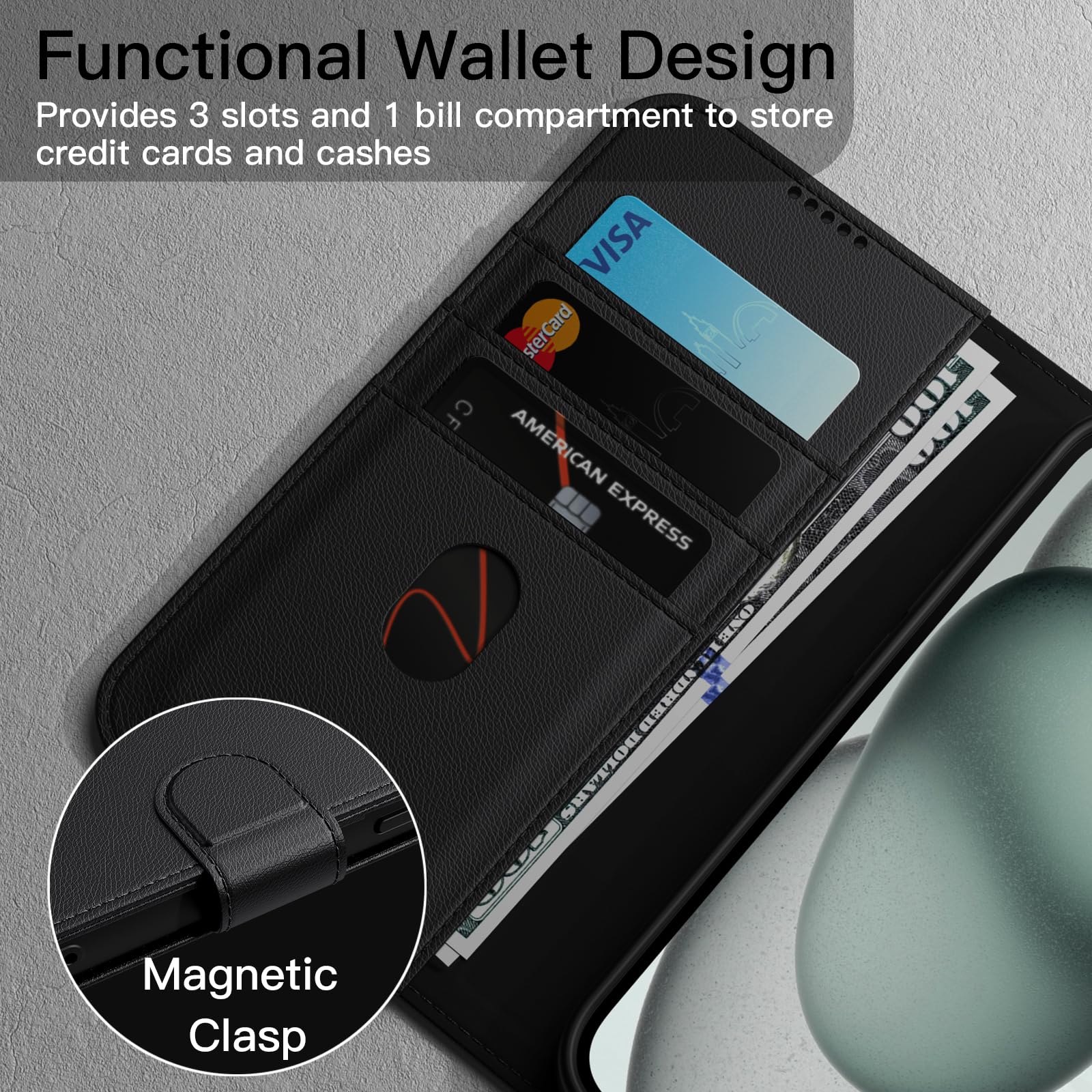 JETech Funda Billetera para iPhone 15 6.1 Pulgadas, Carcasa Flip Magnética de Cuero PU Antigolpes con Tarjetero, Función de Soporte y Protección Completa Cámara (Negro)
