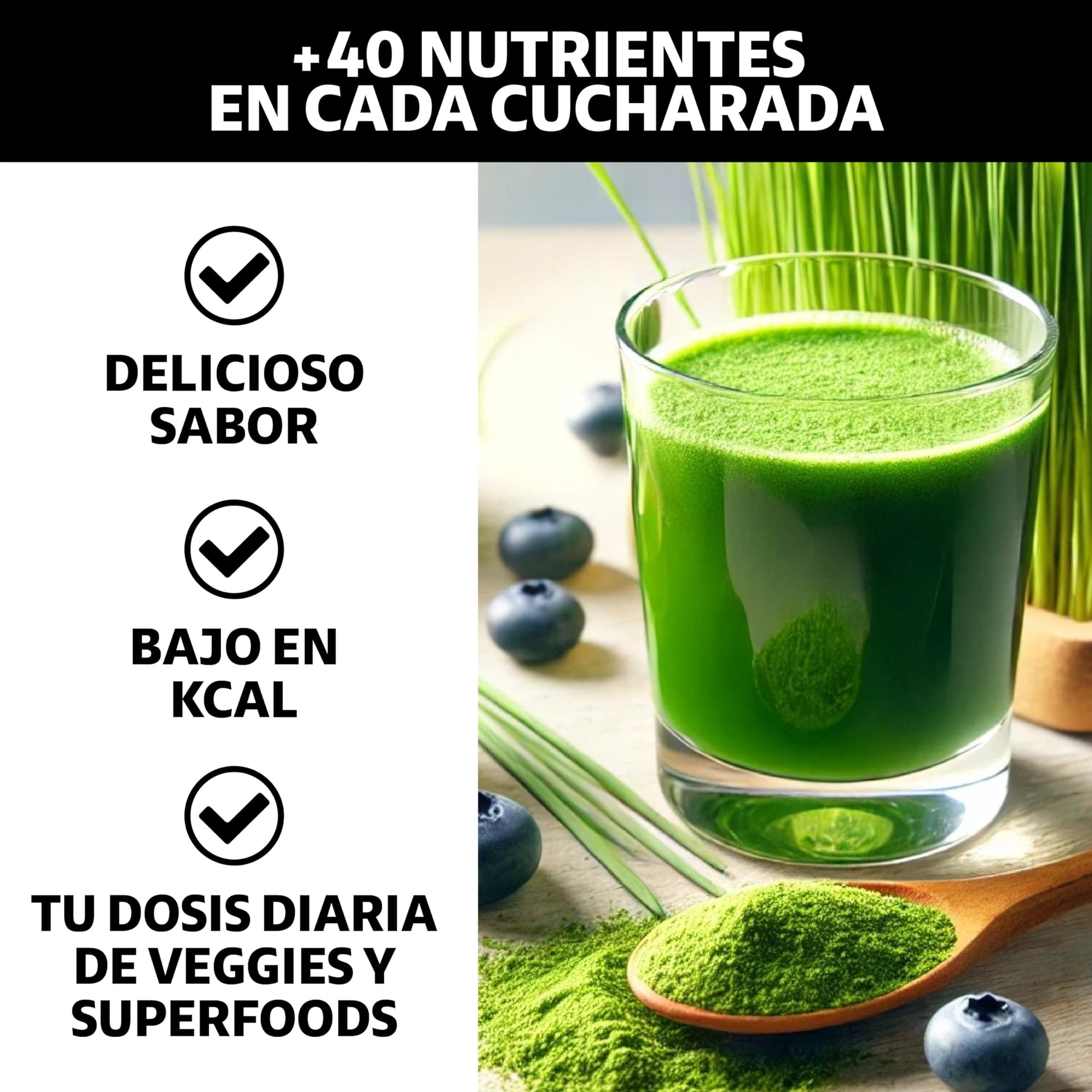 Beyond Vitamins | Super Greens, Jugo Verde en Polvo con Té Matcha, Espirulina, Té Verde, Espinaca, Clorofila, Moringa, Melena de León, Enzimas Digestivas, Probióticos y muchos más | Super Blend Sabor Frutos Rojos | 30 porciones