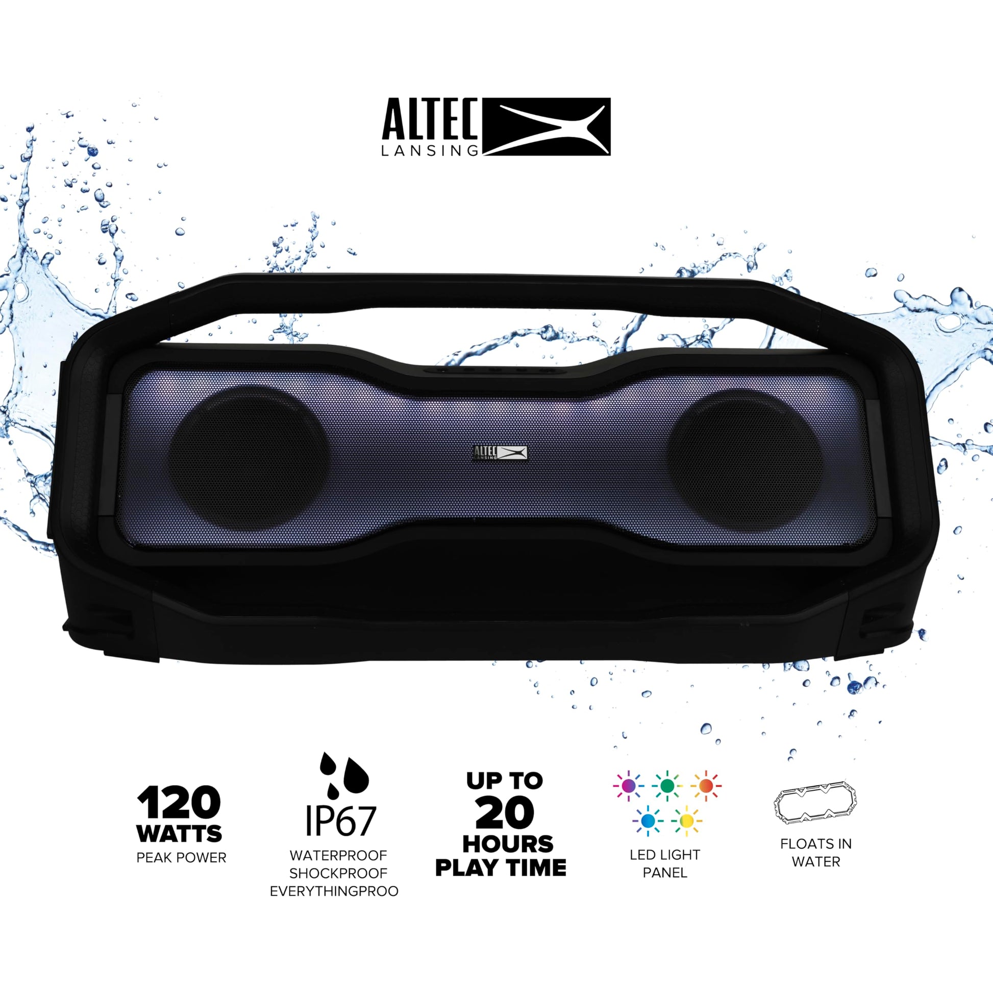 Altec Lansing Rockbox XL 2.0 Altavoces inalámbricos Bluetooth portátiles con Luces LED, IP67 Impermeables y duraderos para Exteriores, batería de 20 Horas con Control de aplicación