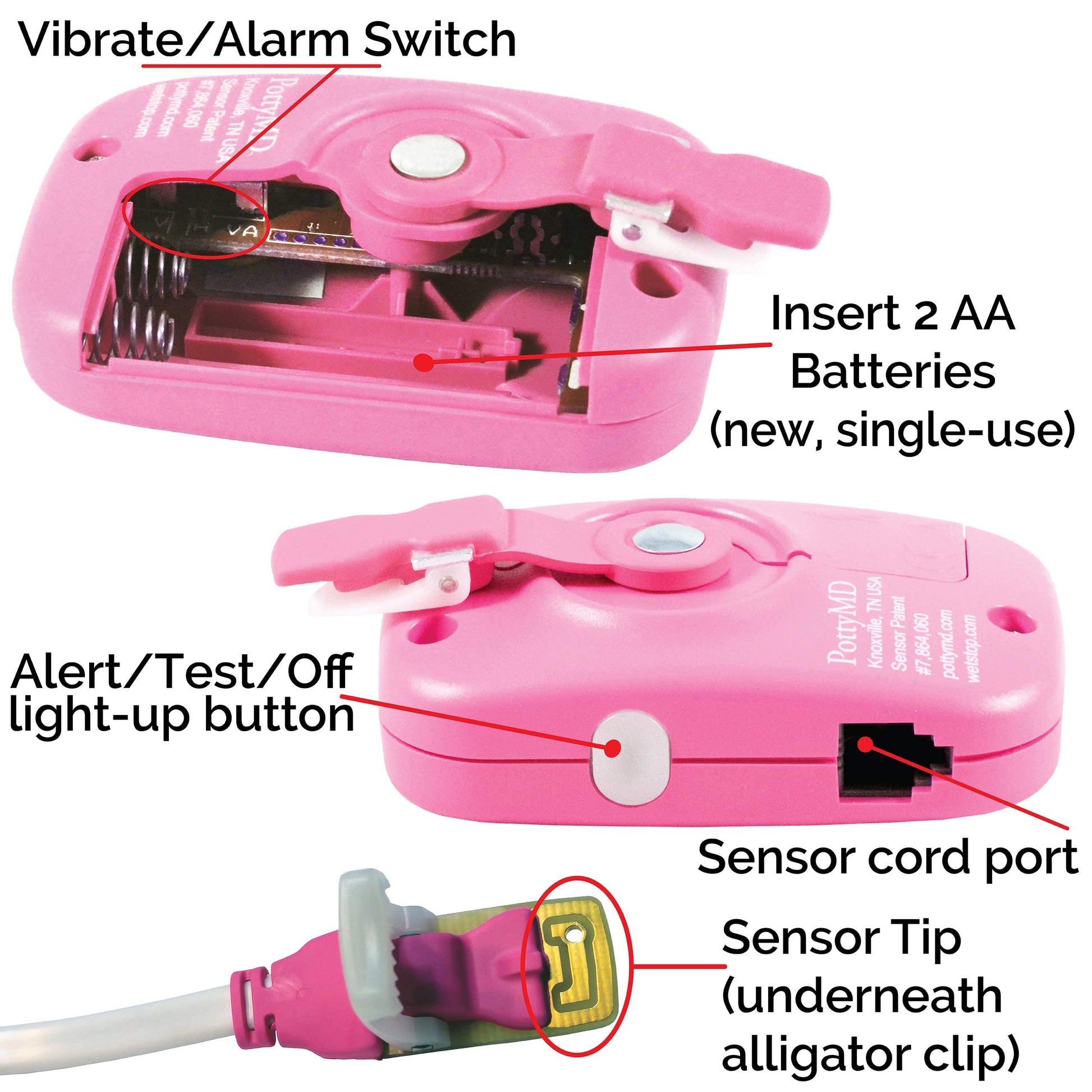 Alarma de Enuresis Wet Stop 3 rosada con Monitor de Cama para Vibraciones y Sonido