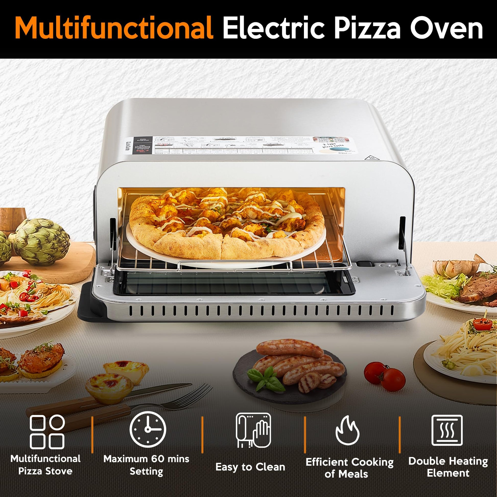 Horno eléctrico de pizza para interiores calienta hasta 1000 °F, hace pizzas de 12 pulgadas en minutos, horno de encimera con 15 funciones y 10 accesorios para múltiples funciones, acero inoxidable