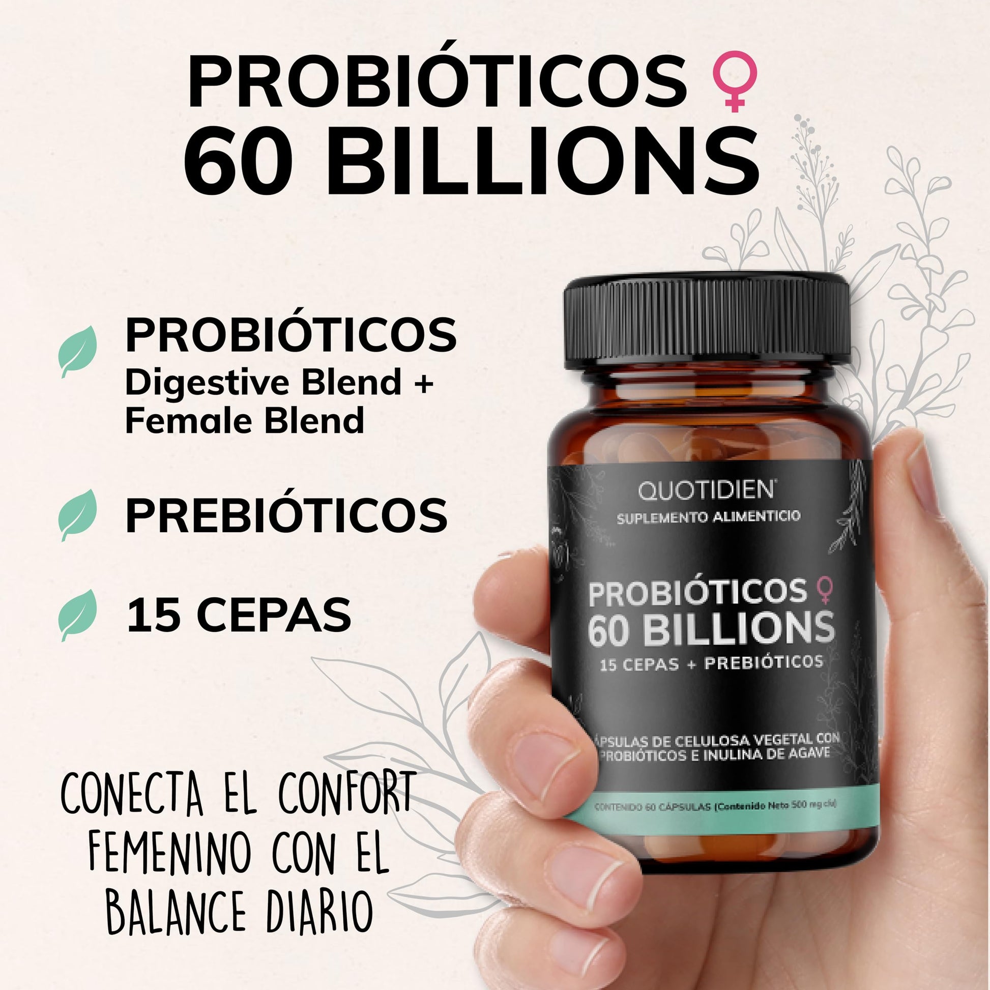Probióticos Quotidien 60B Inulina de Agave para Mujer 15 Cepas Liberación Tardía