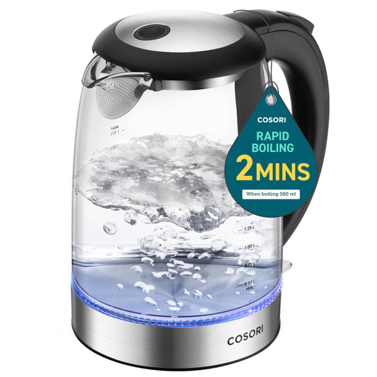Cosori - Hervidor eléctrico, sin filtro y boquilla de plástico, tapa interior de acero inoxidable, tetera de té de 1,7 l y caldera de agua caliente para café y té, calentador de agua y tetera, apagado