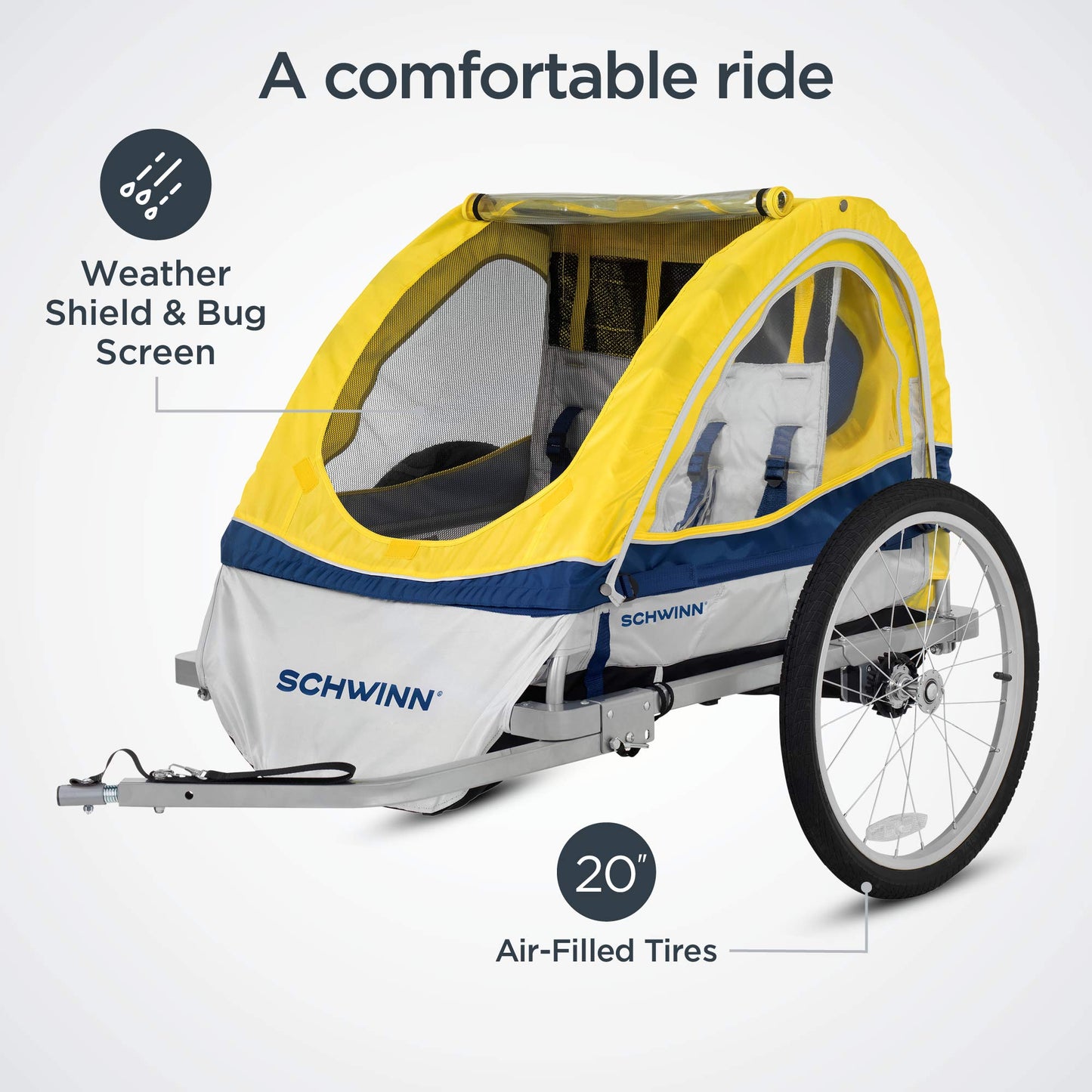 Remolque para Bicicleta Infantil Schwinn Echo Amarillo Gris con Toldo y Neumáticos de 20 Pulgadas para 2 Niños