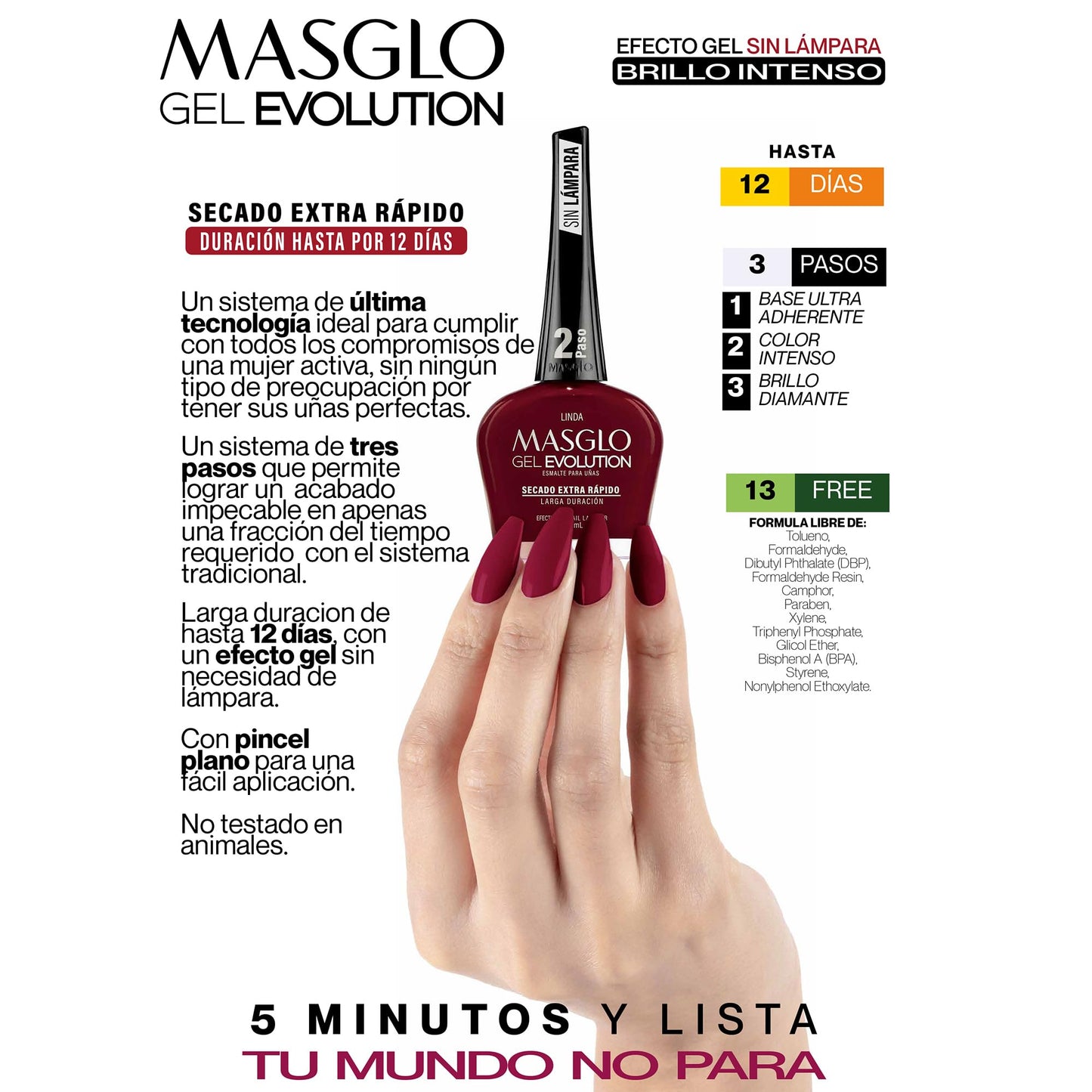 MASGLO- GEL EVOLUTION Esmalte de Uñas Efecto Gel, Sin Lámpara UV/Led, Duración Hasta 12 días,Tono-TIZA. (BLANCO NÁCAR)