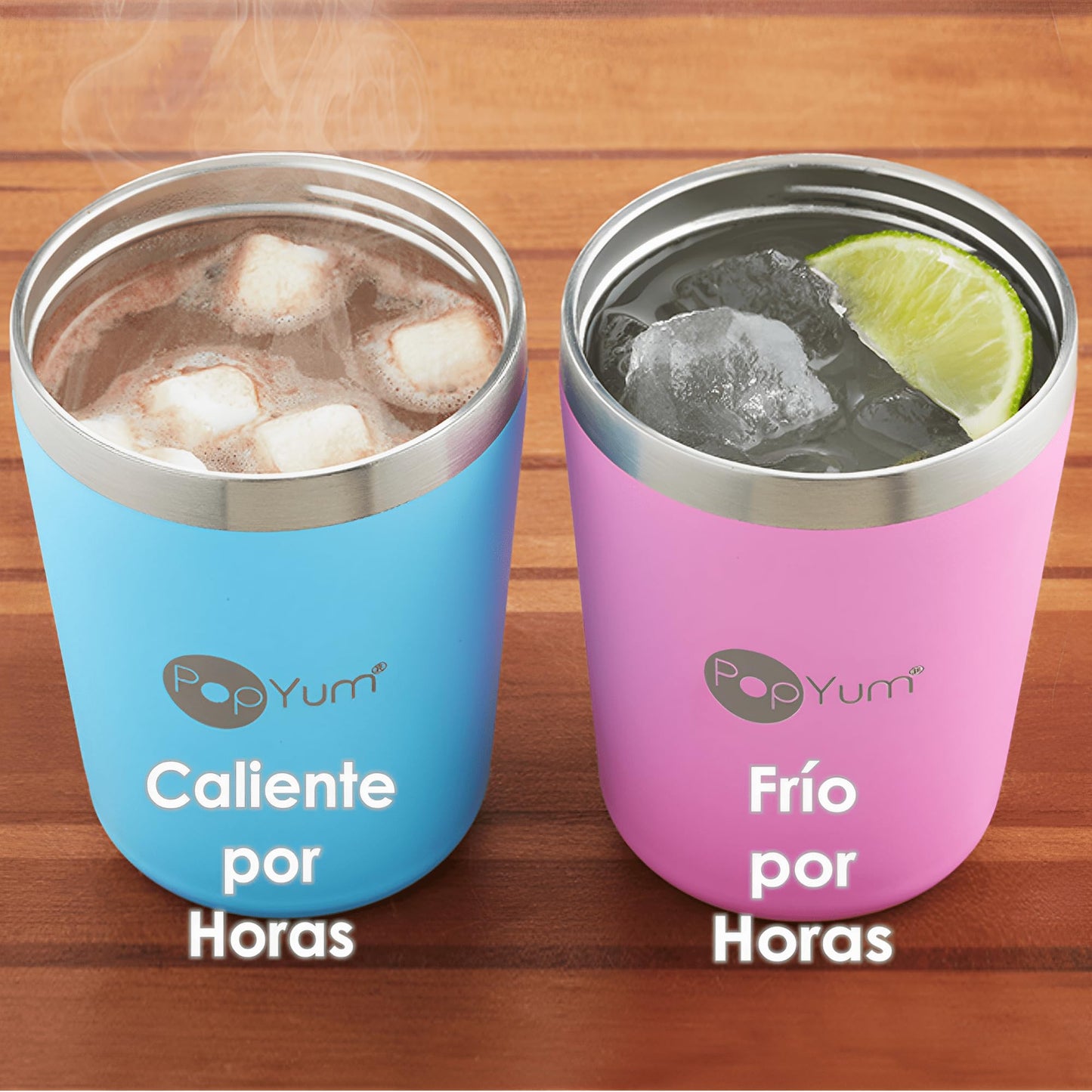 PopYum Vasos Térmicos de Acero Inoxidable de 9 onzas con tapa y popote, Paquete de 2, anti derrame, apilables, para bebés y niños pequeños, de triple pared y sin BPA. Naranja y Azul.