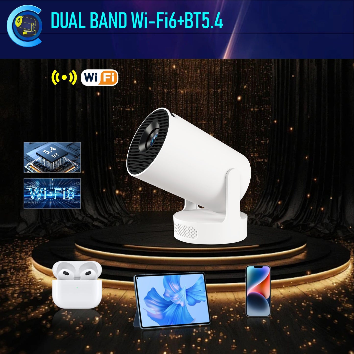 XIAOHUI Mini proyector, proyector inteligente portátil 2025 con WiFi y Bluetooth, 1000 lúmenes, visualización de 150 pulgadas, tecnología LCD LED