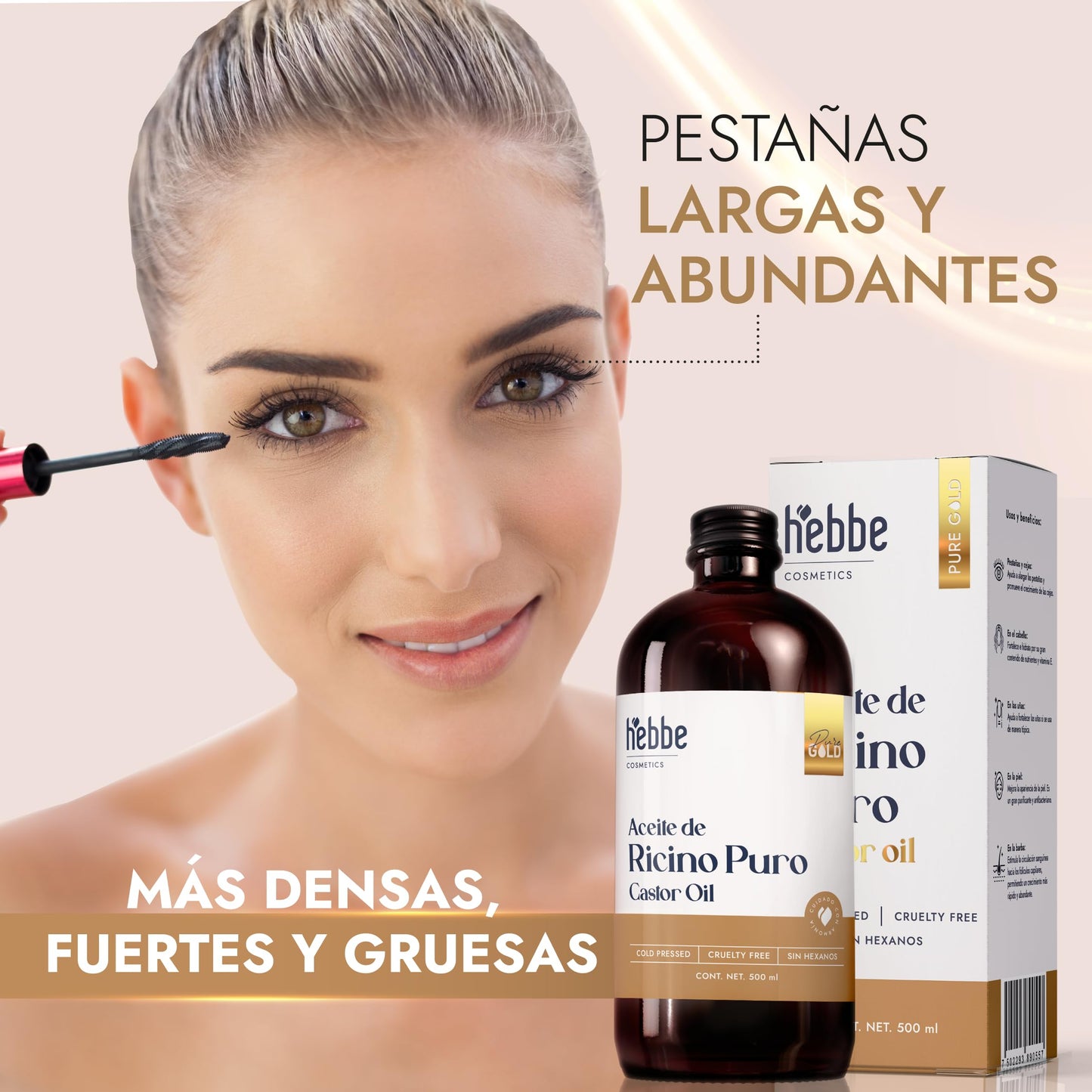 Hebbe | Aceite de Ricino Puro | Nutre e Hidrata | Aceite de Ricino para cabello, pestañas, barba, uñas y cejas | 500 ml