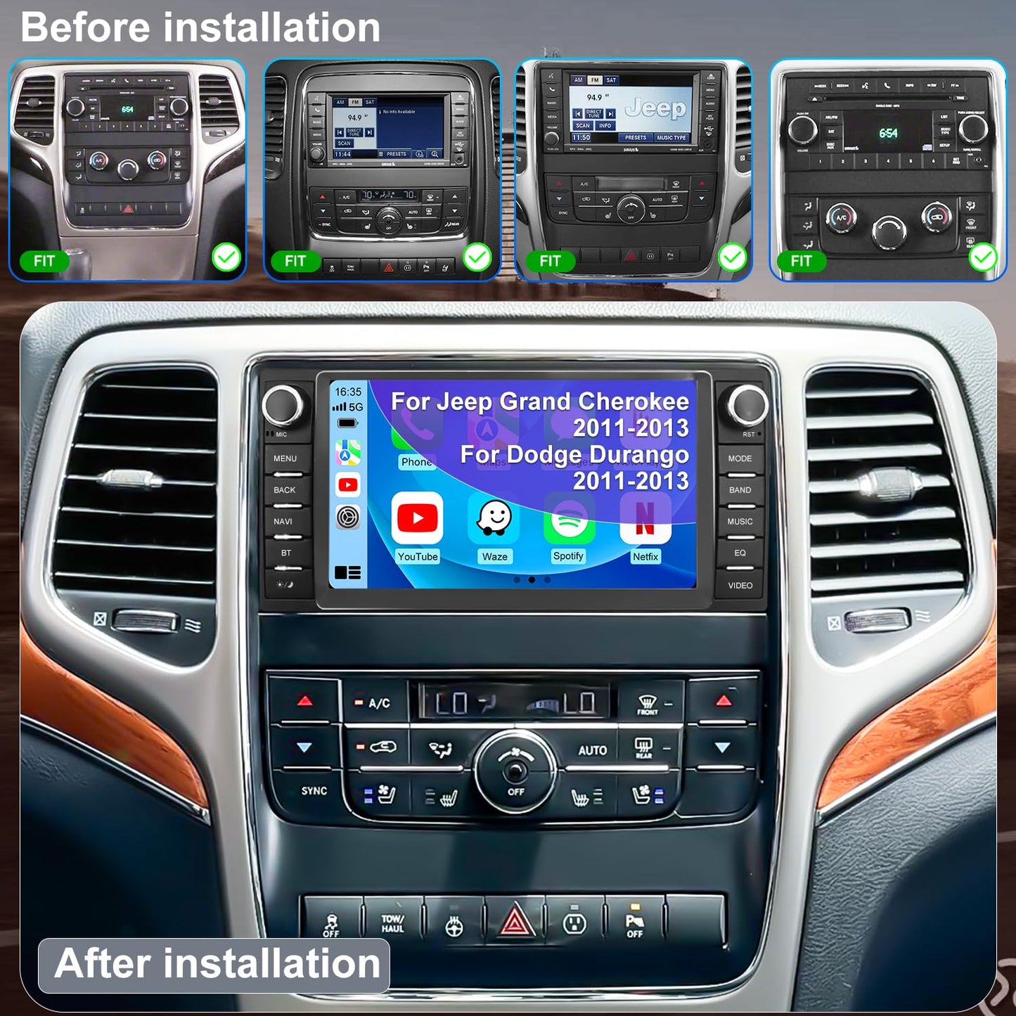 Radio de Coche para Jeep Grand Cherokee 2011-2013 y Dodge Durango 2011-2013, Pantalla Táctil Android 13 de 7'', Sistema Estéreo con CarPlay Inalámbrico Android Auto Bluetooth GPS WiFi FM SWC y Cámara