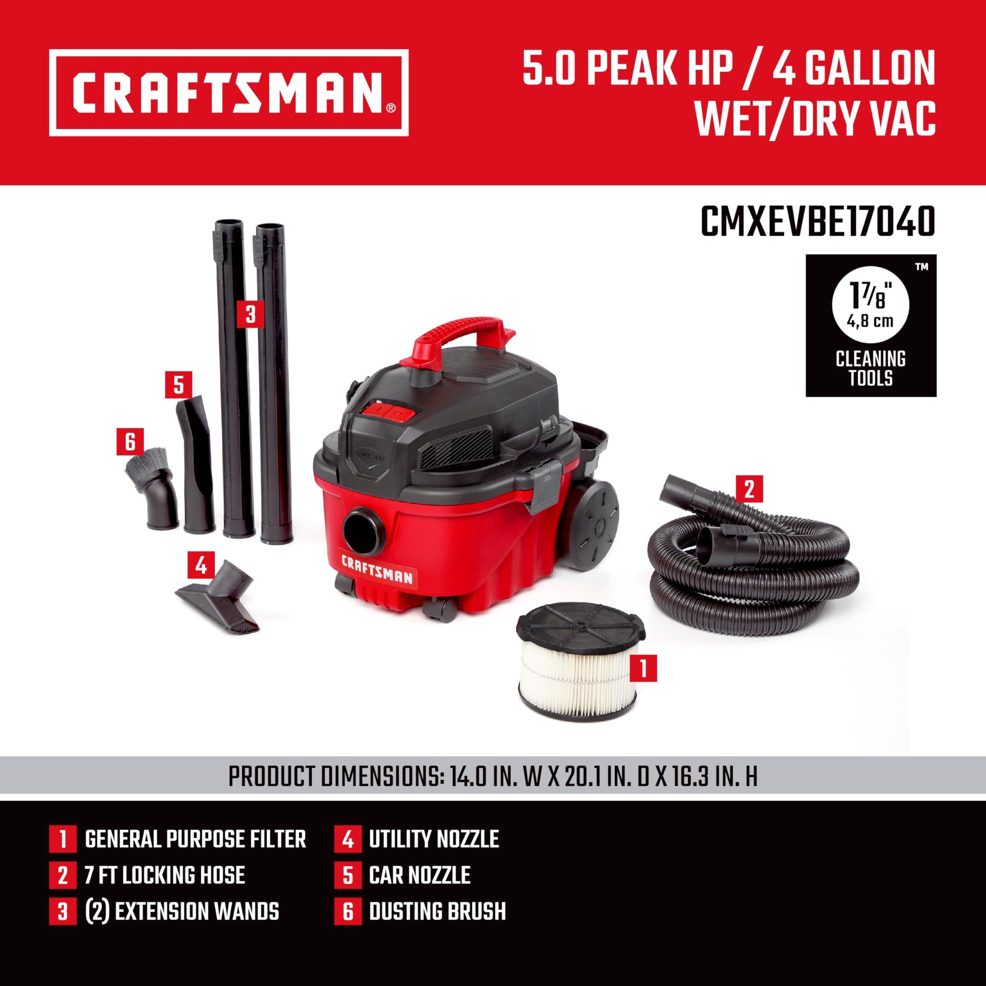 Craftsman CMXEVBE17040 - Vacador seco húmedo de 4 galones y 5.0 Picos, para aspiradora portátil en húmedo y seco con Filtro, Manguera y Accesorios para Limpieza doméstica y automotriz