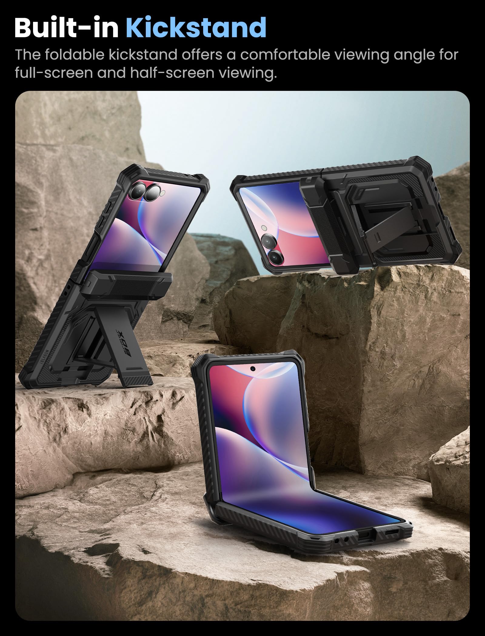 i-Blason Funda para Samsung Galaxy ZFlip 7 [Armorbox] Carcasa con Protector de Pantalla de Vidrio Templado [Protección Militar] Resistente Case con Soporte y Clip para Cinturón - Negro
