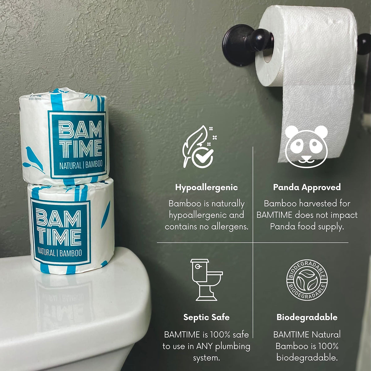 Papel Higiénico BAMTIME Bambú Acolchado 3 Capas, 24 Rollos para Camping y Caravanas