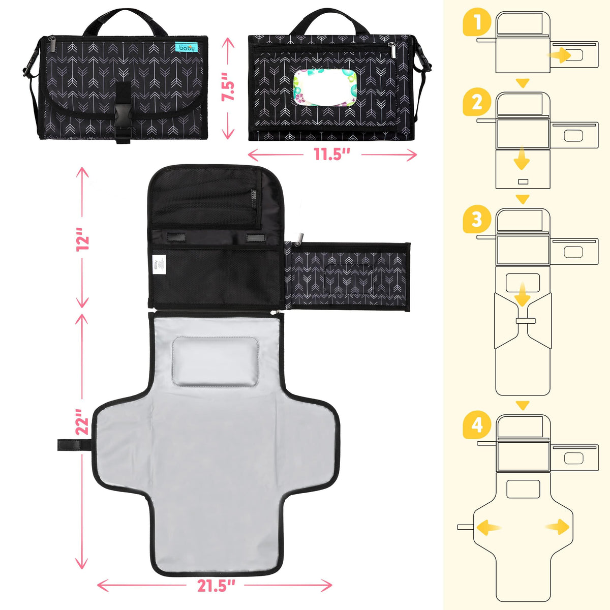 Kopi Baby - Cojín de cambio portátil, para recién nacidos, niña y niño, con bolsillo para toallitas inteligentes, kit de cambio de viaje impermeable, regalo para bebé, color negro