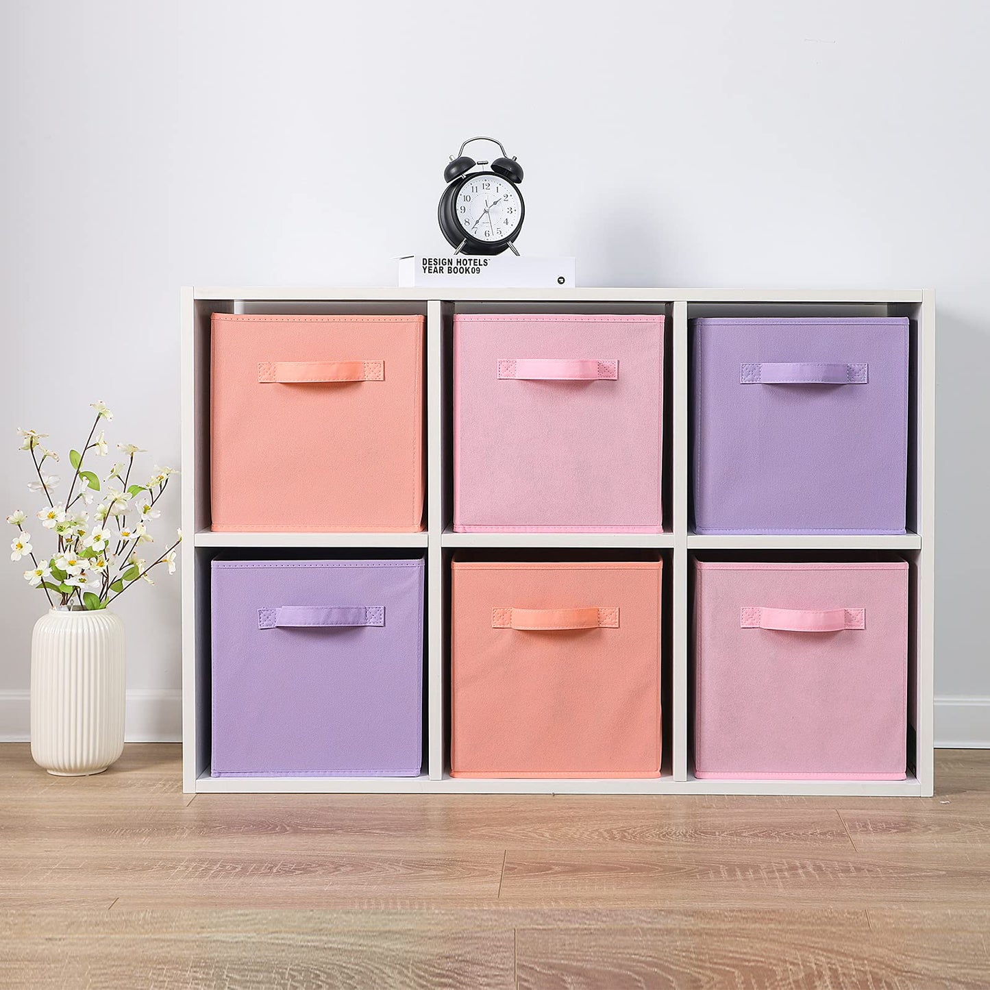 Cubos de tela para almacenamiento, paquete de 6, cubos de almacenamiento duraderos de colores divertidos con asas, cestas plegables para el hogar, morado, rosa, peachpuff