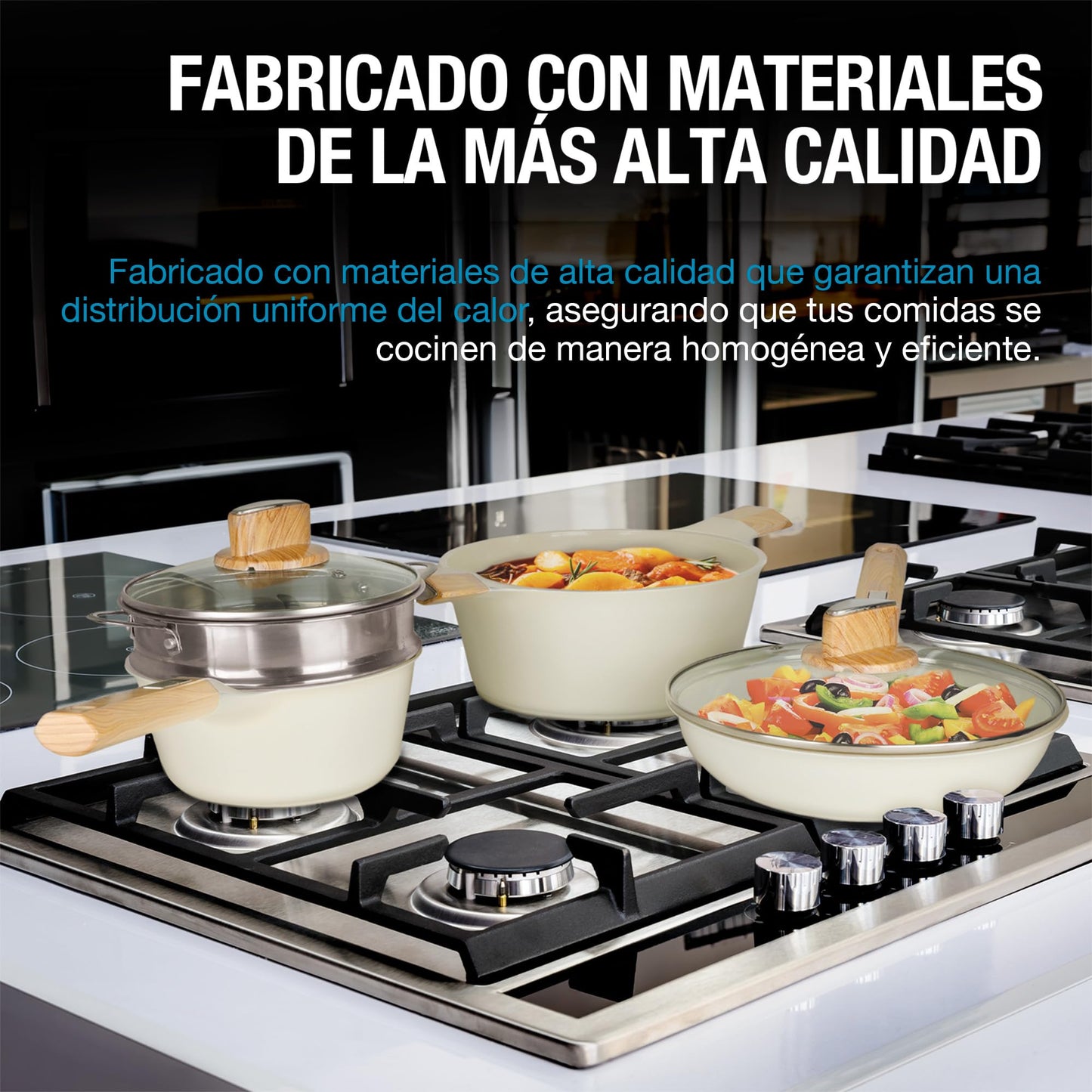 CASA LITUS Batería de Cocina con Cubierta de Cerámica Antiadherente (10 Piezas), Incluye 3 Sartenes, Olla, Cacerola, Vaporera, Tapas y Espátula, para Estufa de Fuego e Inducción, Libre de PFOAs y BPA