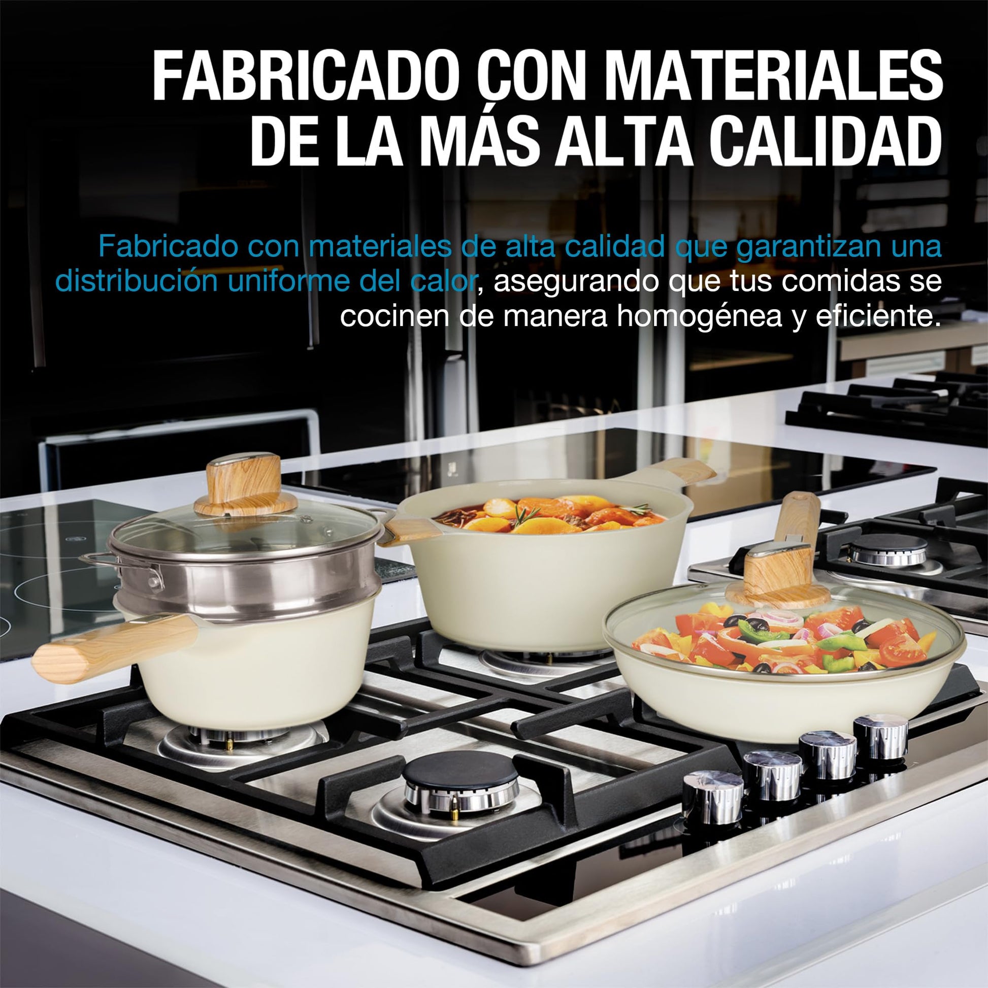 CASA LITUS Batería de Cocina con Cubierta de Cerámica Antiadherente (10 Piezas), Incluye 3 Sartenes, Olla, Cacerola, Vaporera, Tapas y Espátula, para Estufa de Fuego e Inducción, Libre de PFOAs y BPA