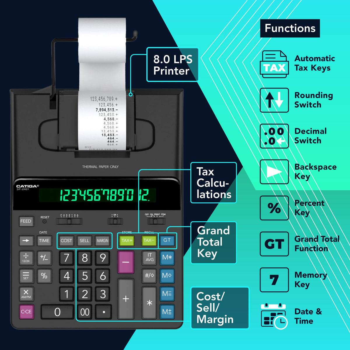 CATIGA SP-2401 - Calculadora de impresión térmica de 12 dígitos con cinta de impresión, máquina de adición sin tinta, 5 veces más rápida bastante a 8.0 LPS, visualización fluorescente extragrande