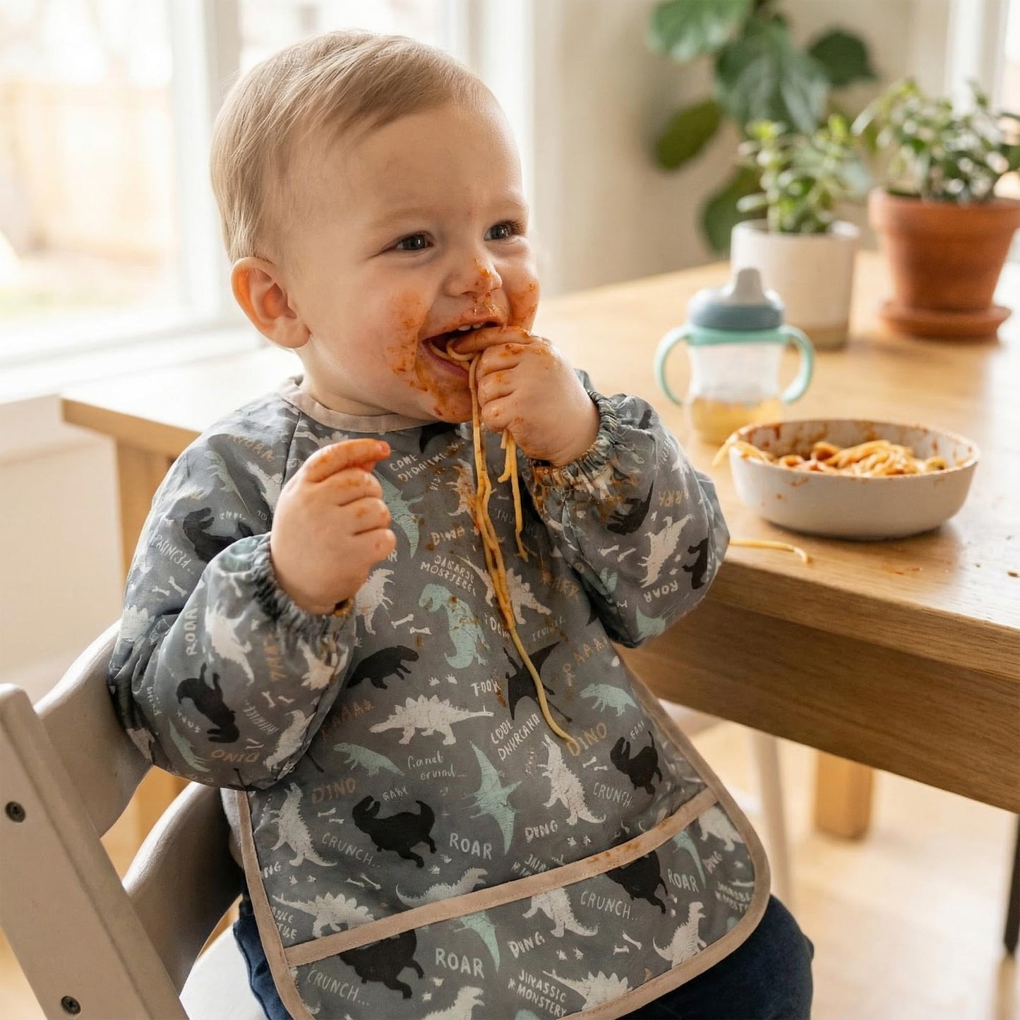 HAMUR HOME - Babero de manga larga para bebé de 2 a 4 años - Impermeable y a prueba de desorden, para destete LED de bebé, lavable a máquina, babero de alimentación ligero para bebés y niños pequeños
