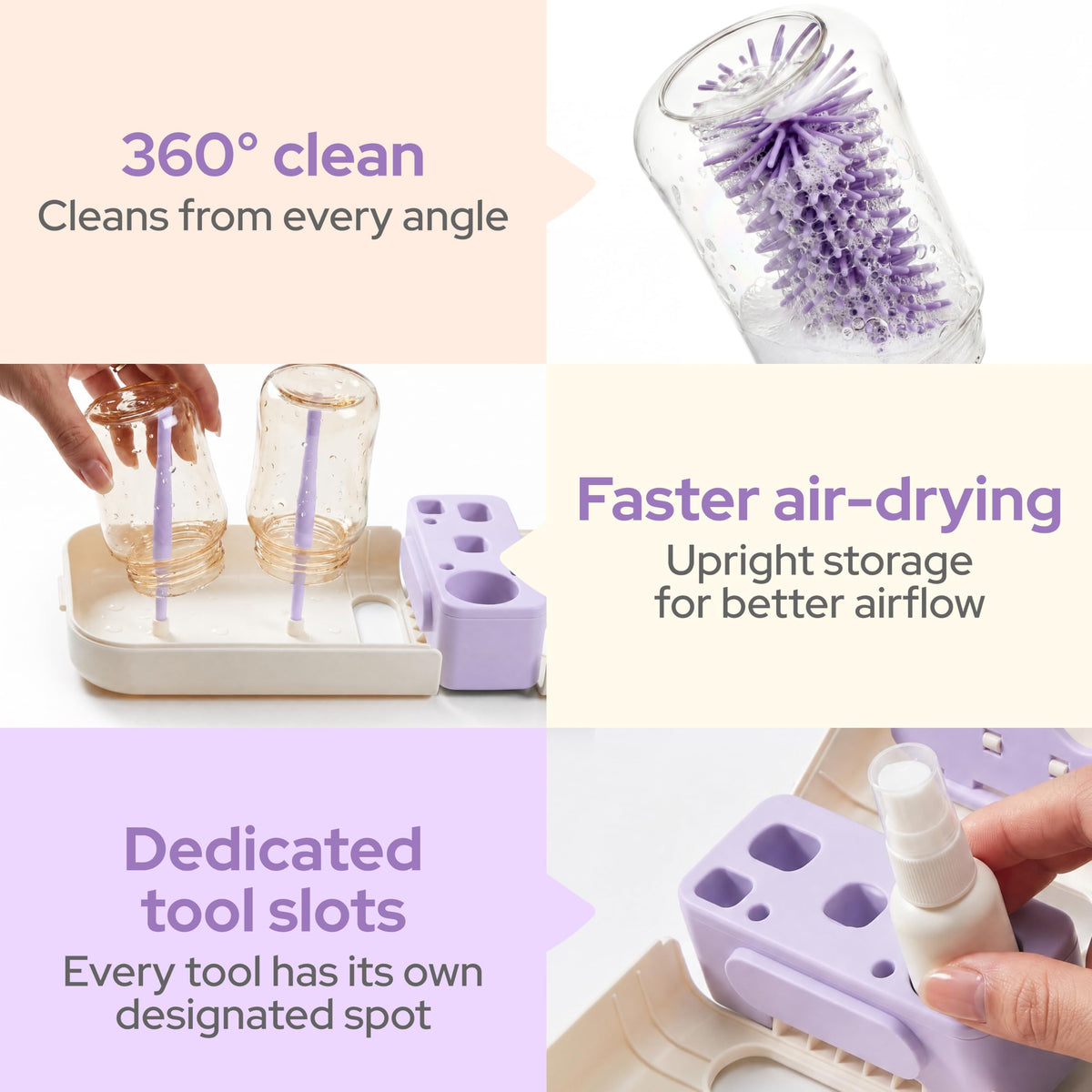 lalark Juego de cepillos para biberones 7 en 1, kit de limpieza de biberones de silicona sin BPA, cepillo de doble cabeza, cepillos para pezones, dispensador de jabón y estante de secado, limpiador