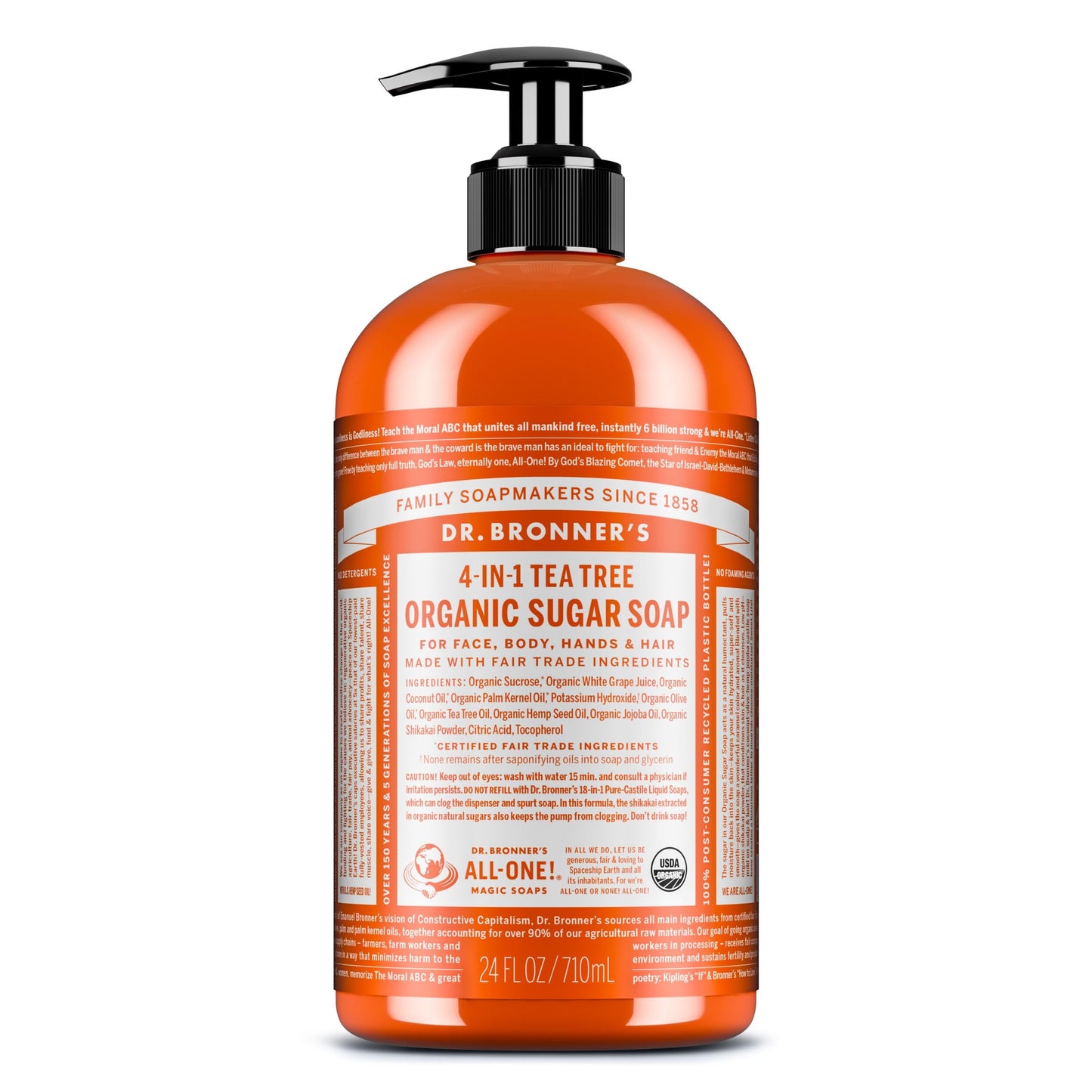Dr. Bronner's | Jabón líquido de azúcar orgánico, hidratante y nutritivo, para manos, cuerpo, rostro y cabello; certificado vegano - Árbol de Té, 710 ml