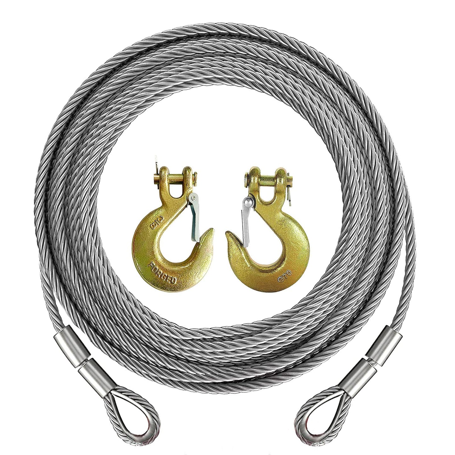Cable de cabrestante, cable de remolque resistente, con 2 ganchos deslizantes de abrazadera en U de 3/8 pulgadas, construcción trenzada de 7 x 19, resistencia a la rotura de 100 pies