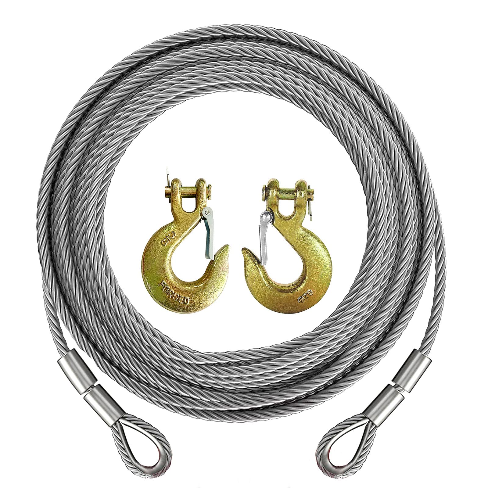 Cable de cabrestante, cable de remolque resistente, con 2 ganchos deslizantes de abrazadera en U de 3/8 pulgadas, construcción trenzada de 7 x 19, resistencia a la rotura de 100 pies