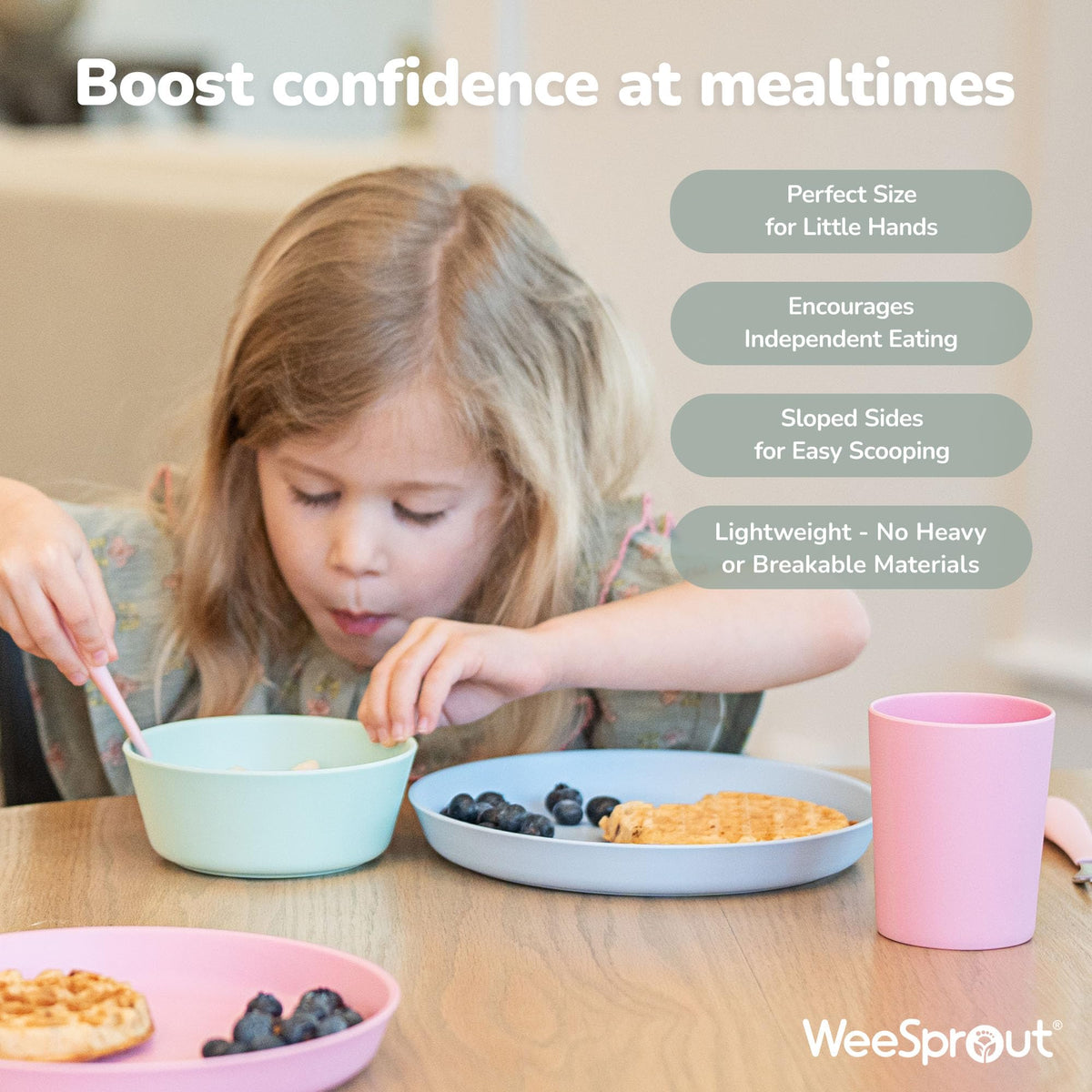 WeeSprout - Cuencos de bambú para niños, juego de cuatro cuencos de bambú de tamaño infantil, aptos para lavaplatos (azul pastel, menta, morado y rosa)