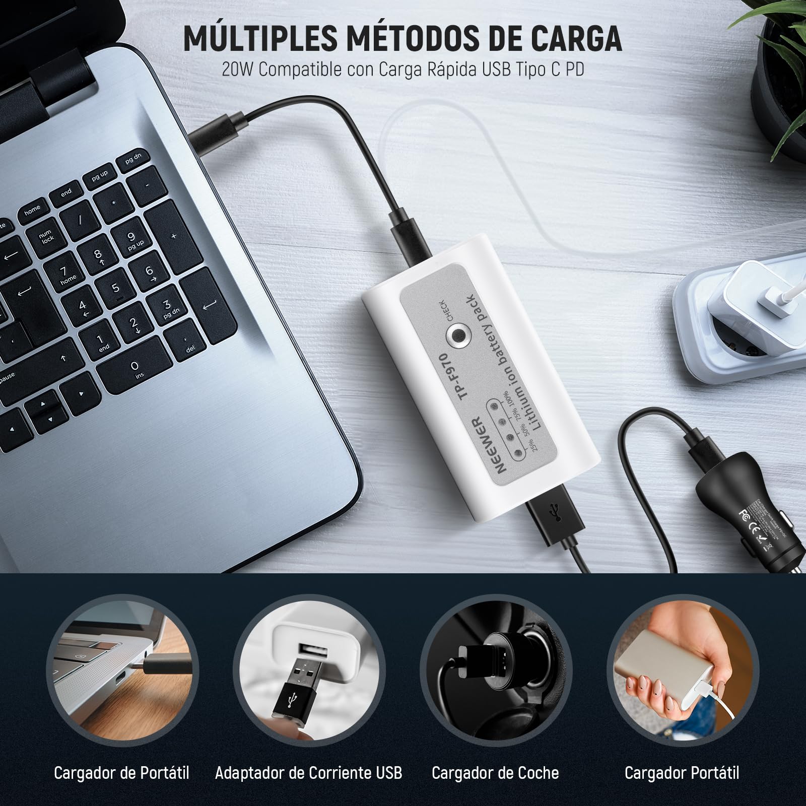 Batería de Repuesto NEEWER Blanco 10500mAh Carga Rápida USB C para Videocámara Sony, Canon y Nikon