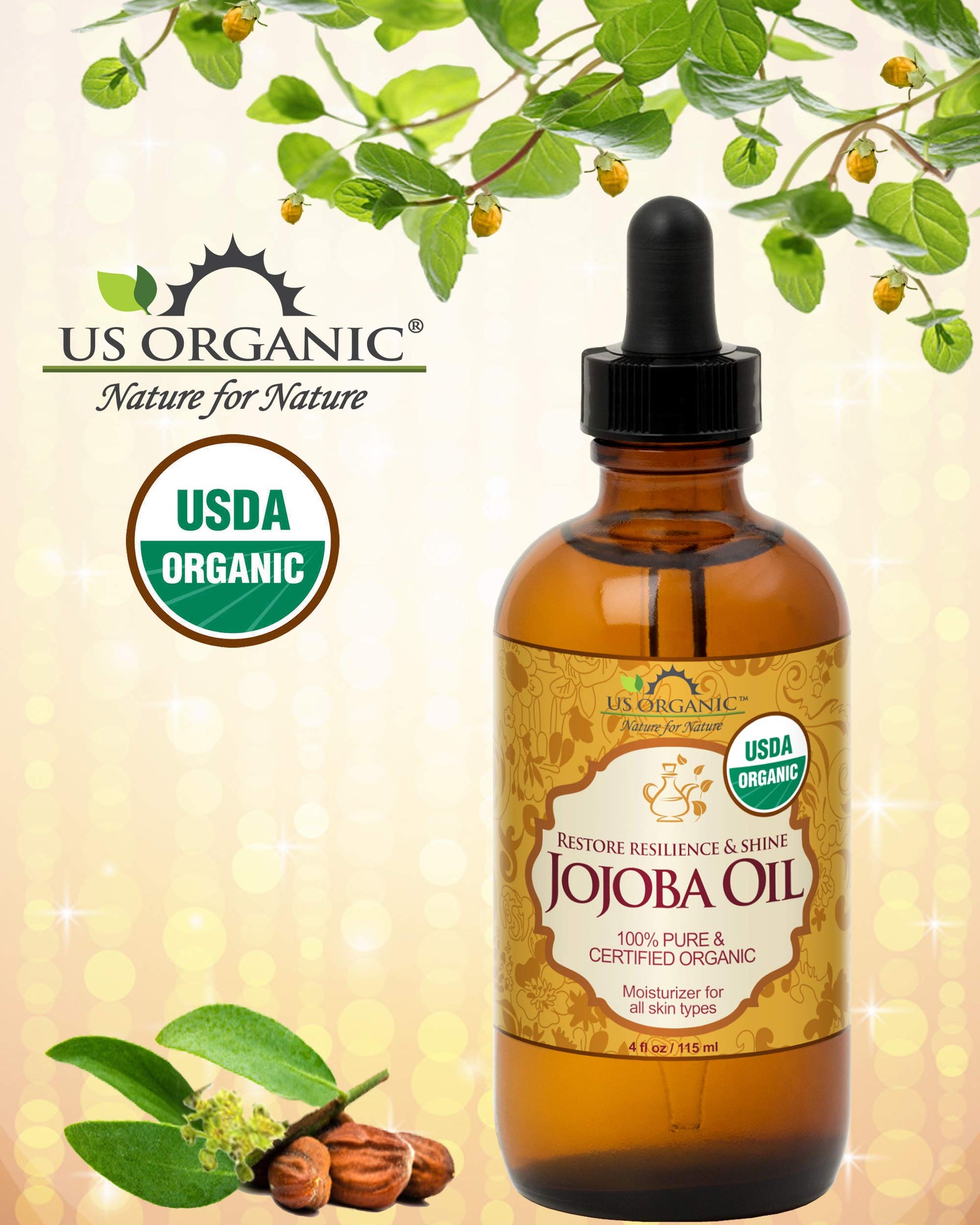 US Organic, Aceite de Jojoba, Certificado Orgánico por USDA, 100% Puro y Natural, Prensado en Frío, Virgen, Sin Refinar, Libre de Hexano, Botella de Vidrio Ámbar (115 ml)
