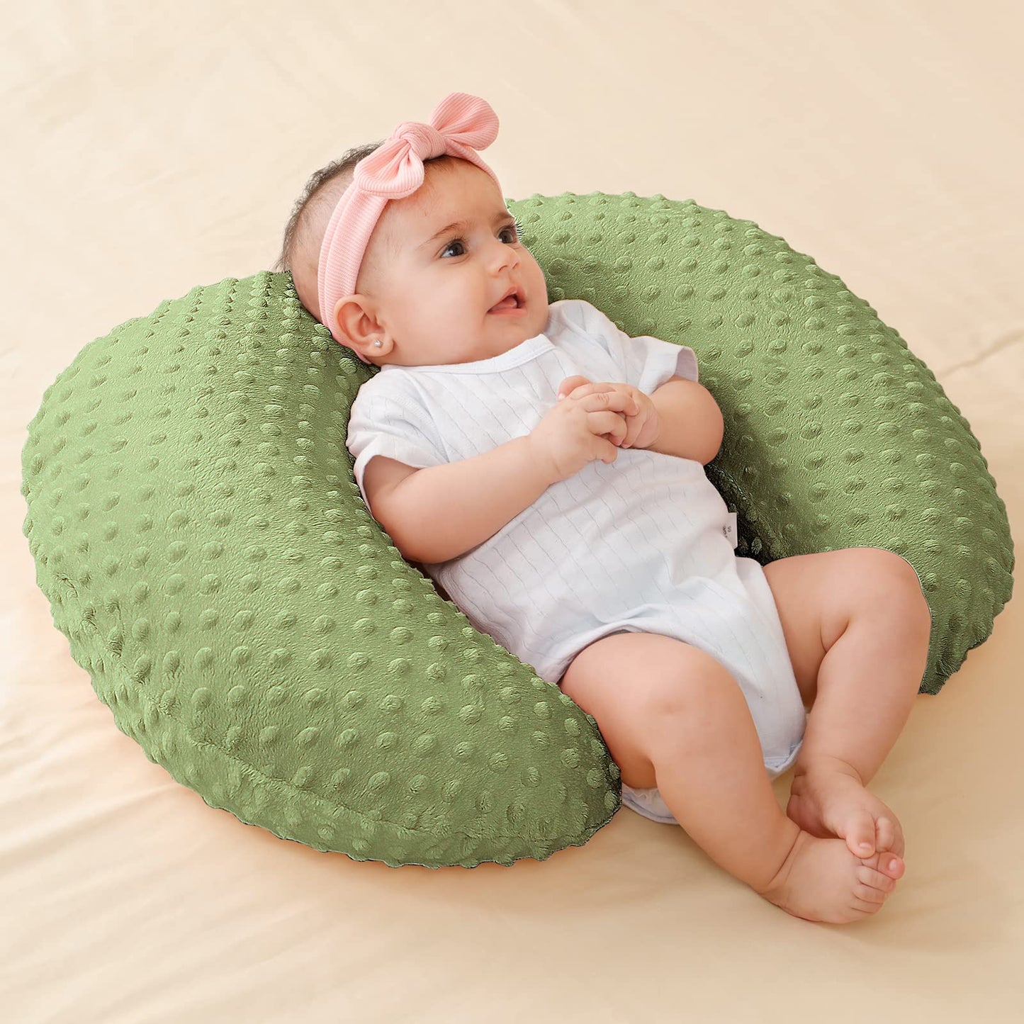 QUENESS Almohada de lactancia y posicionador, lactancia materna, alimentación con biberón, soporte para sentarse al bebé con funda extraíble ultra suave, soporte para el tiempo de barriga para bebés niños y niñas (salvia)