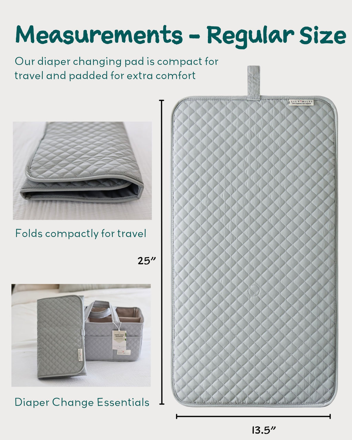 Lily Miles - Cambiador portátil para bebé, cambiador de pañales con cierres magnéticos, almohadilla de viaje para bolsa de pañales, esencial para bebé, tapete lavable e impermeable (gris jaspeado