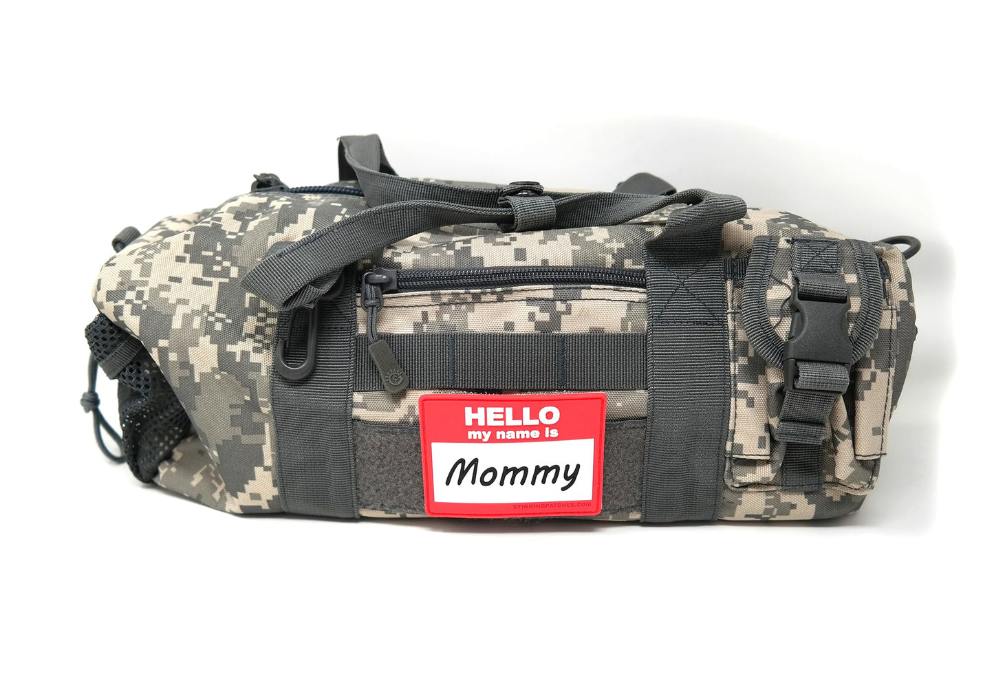 Hello My Name is Mommy Parche de PVC con gancho y bucle | Divertido parche táctico para bolsas de pañales y equipo de papá