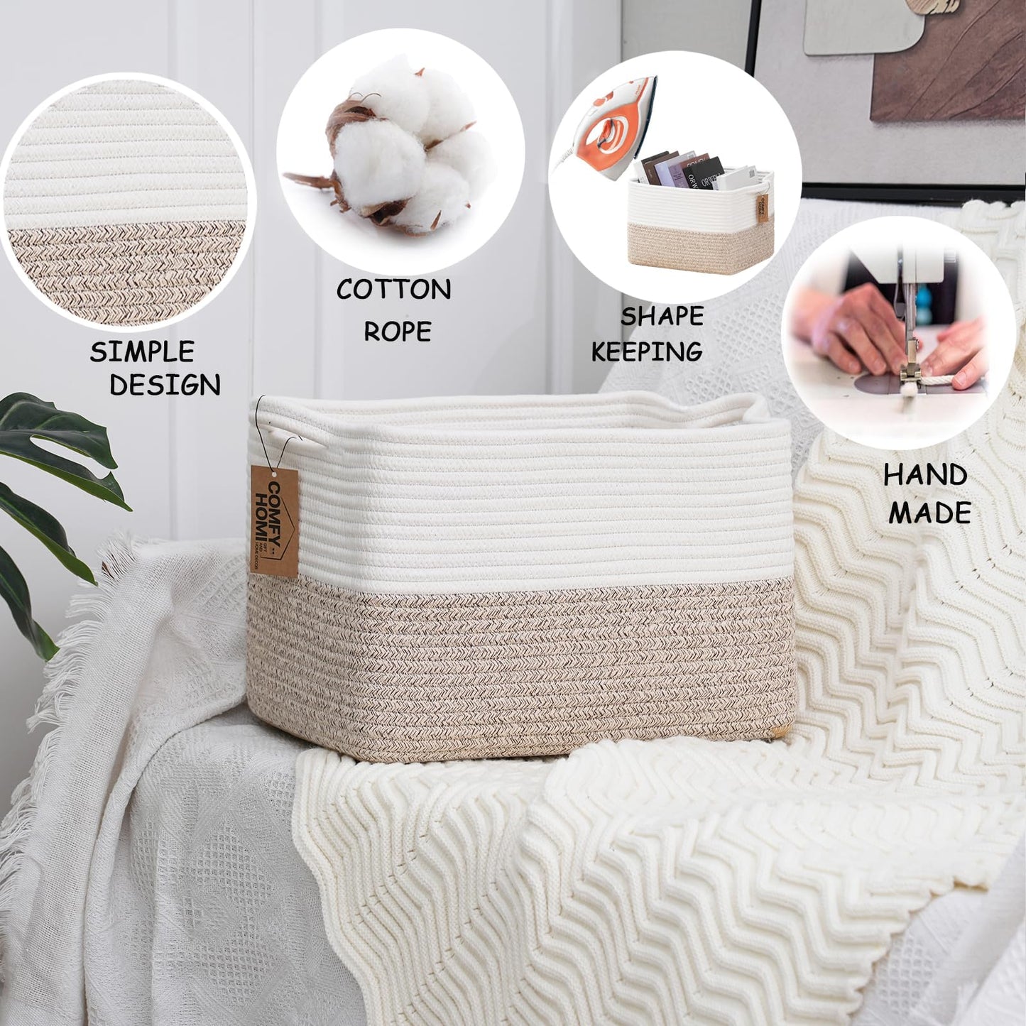 COMFY-HOMI Cesta tejida de cuerda de algodón con asas para estantes, juguetes, libros, cestas de almacenamiento de tela para organizar, 1 organizador decorativo de juguete para sala de estar, baño