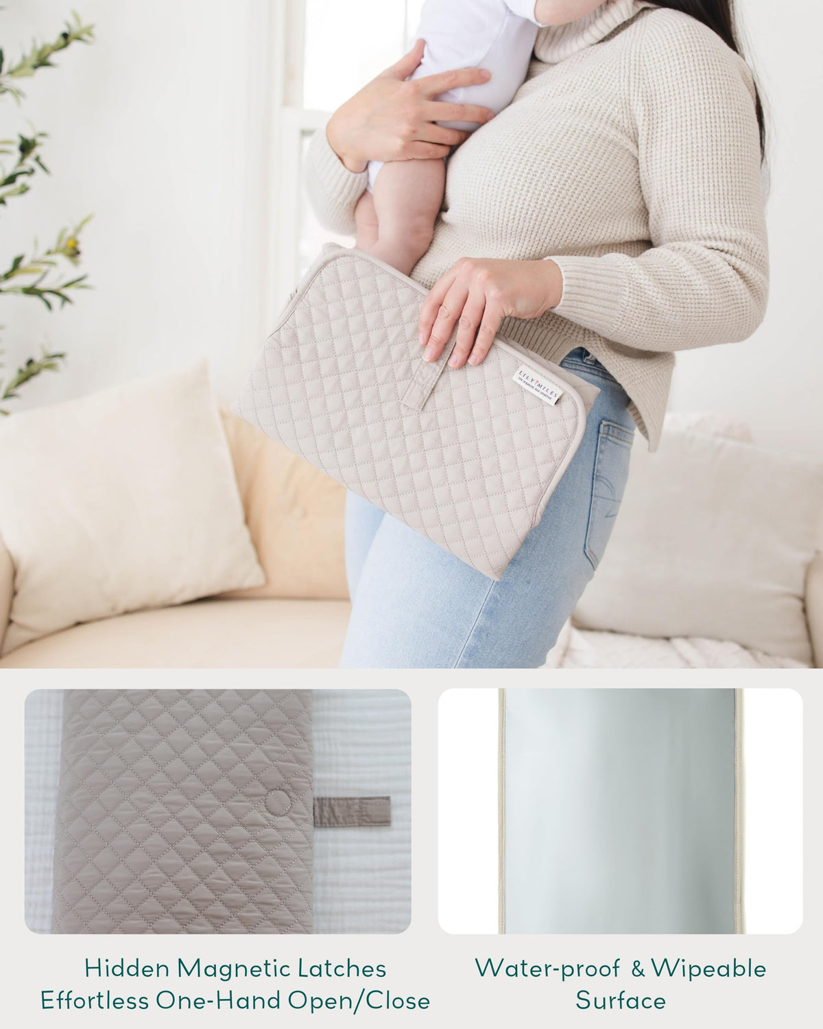 Lily Miles - Cambiador de pañales portátil, cambiador de bebé con cierres magnéticos, almohadilla de viaje para bolsa de pañales, esencial para bebé, tapete lavable e impermeable (arena suave, regular